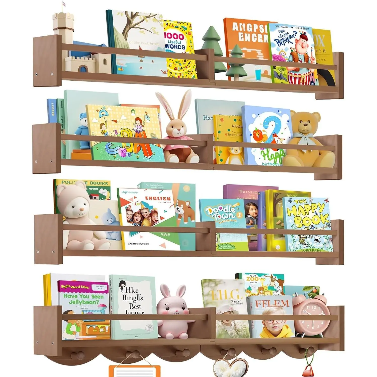 34Inch Nursery Book Shelves Wall Mounted, Floating Book Shelf for Kids Coat Rack with 6 Hooks, Wall Hanging Shelf for Baby Nursery Room Organizer, Patent Number:US-D1058229-S(4, Light Brown)