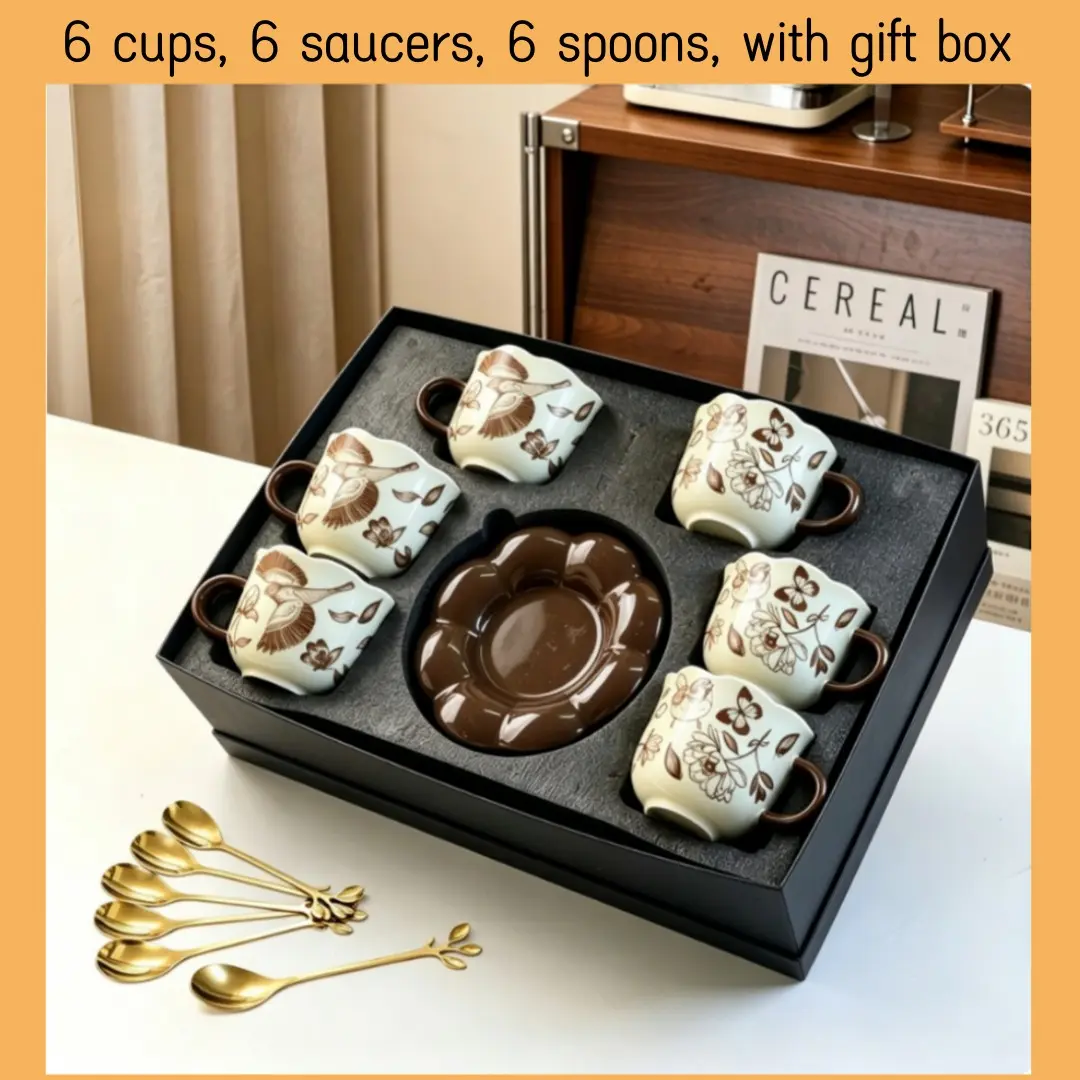18pcs Hand-Painted Bird Ceramic Cup Set, Microwave & Dishwasher Safe, Large Capacity, Elegant Design, Perfect for Home, Office, Gifts
