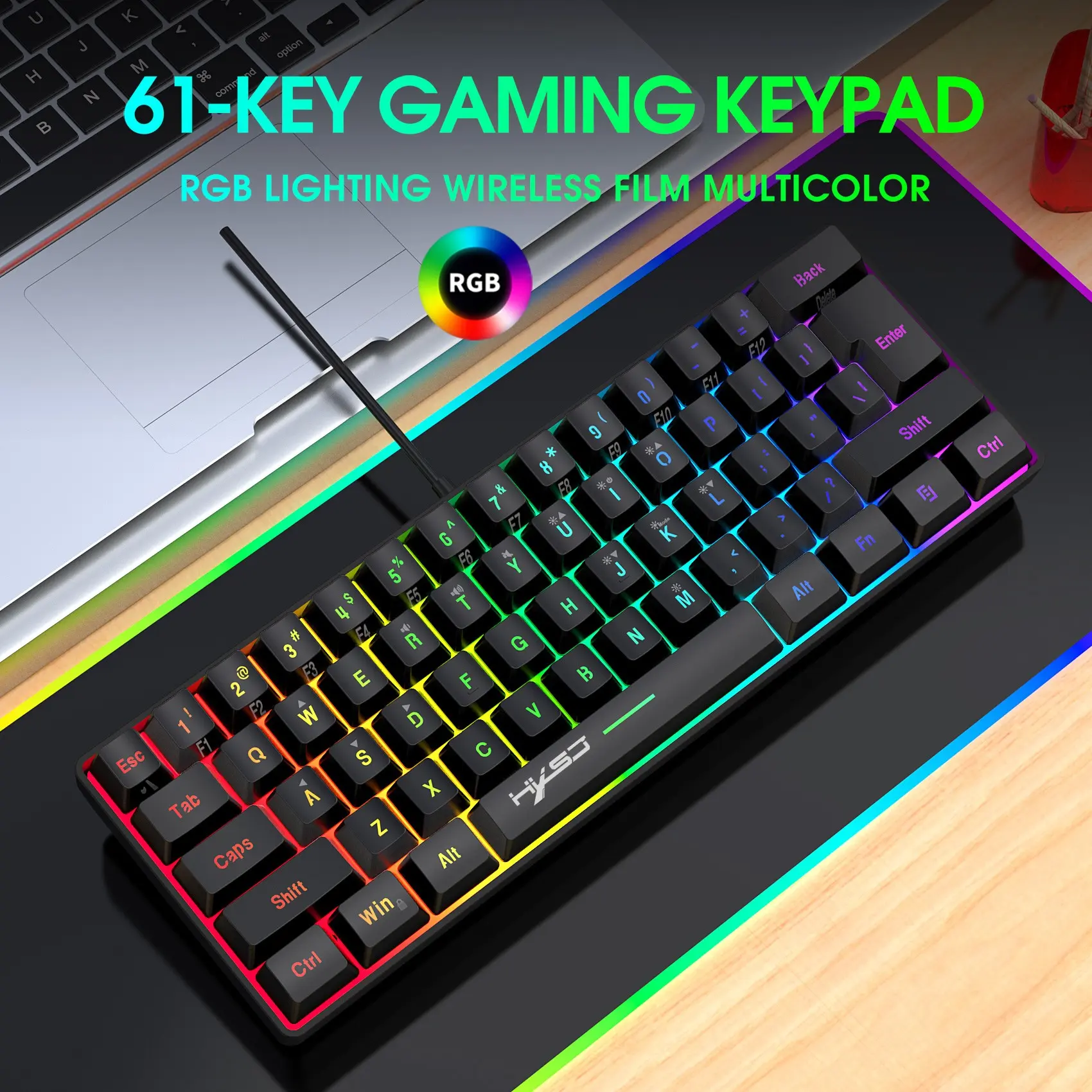 New Hxsj-V700 60% Wired Gaming Keyboard, RGB Lighting Keyboard, 61 Keys RGB Backlit, Ultra Compact Mini, Waterproof, Wrist Rest, for PC Gamers