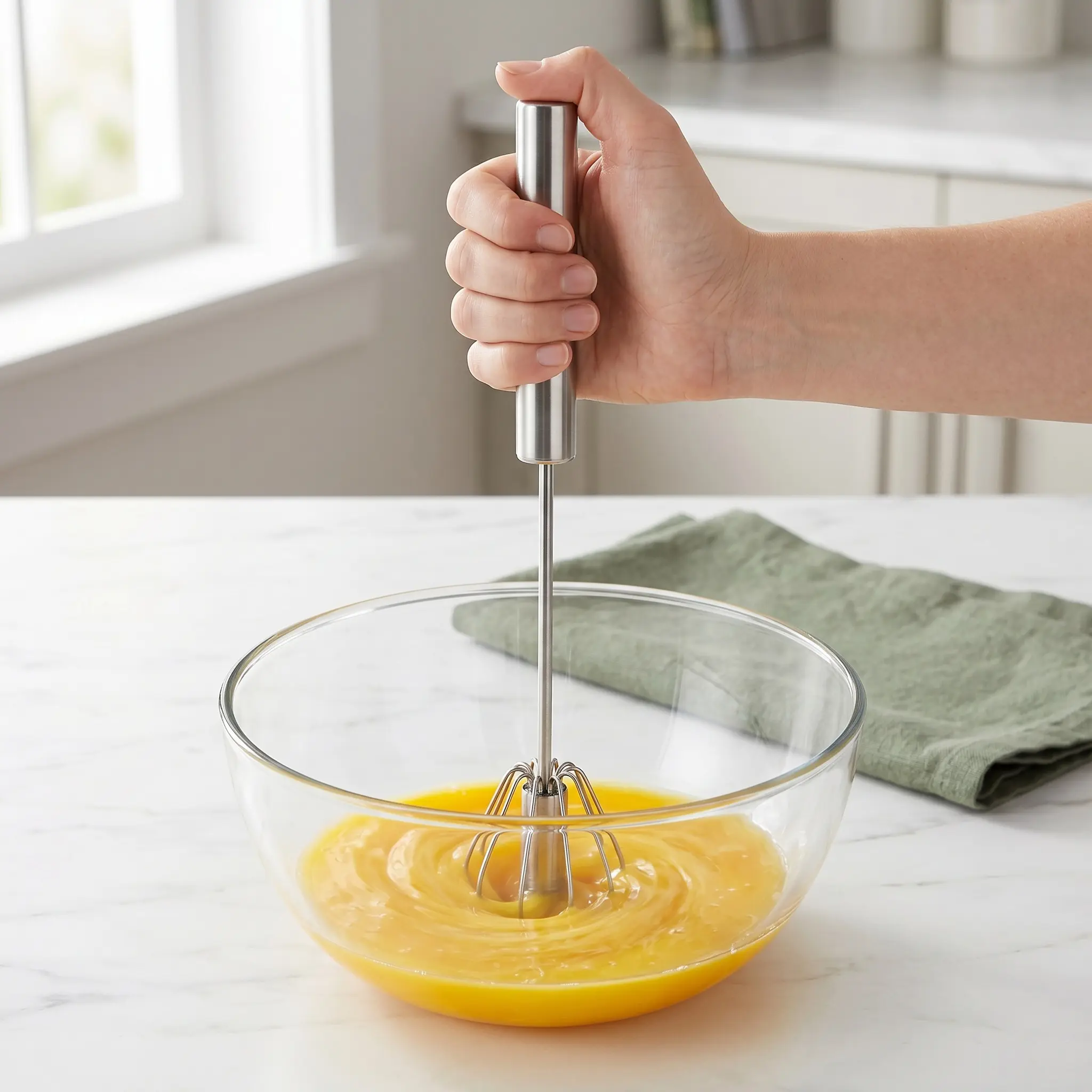 Stainless Steel Hand-Push Rotary Whisk, Food-Grade Rust-Resistant Kitchen Utensil with Sturdy Riveted Construction, Semi-Automatic Design for Coffee, Egg Whisking and Cooking Tasks, Easy to Clean-YY1
