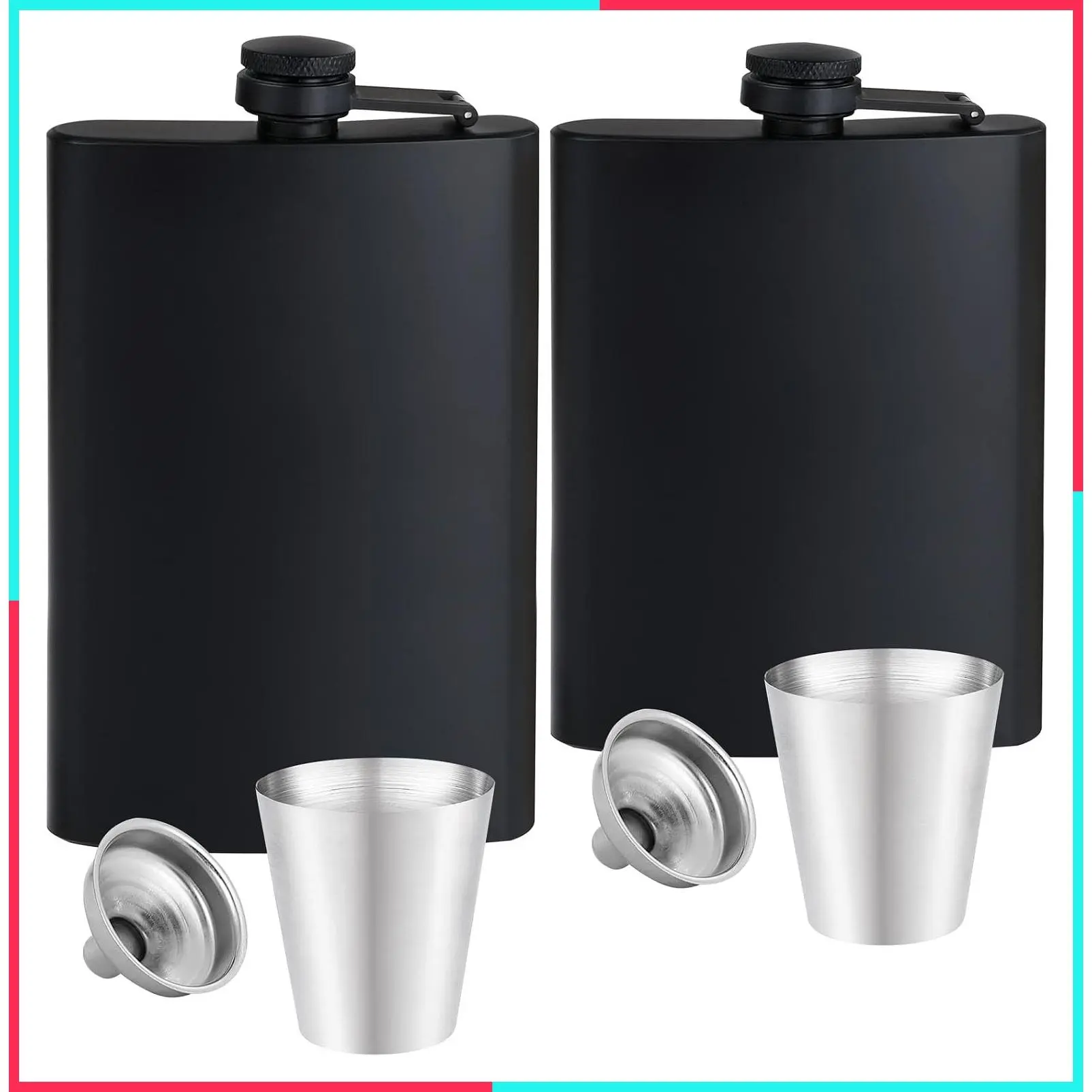 Men's 12oz+8oz Liquor Flask Set Matte Black Stainless Steel Leakproof with Funnel and Cups, Never-Lose Metal Cap, Wedding Party Gift Outdoor Activities
