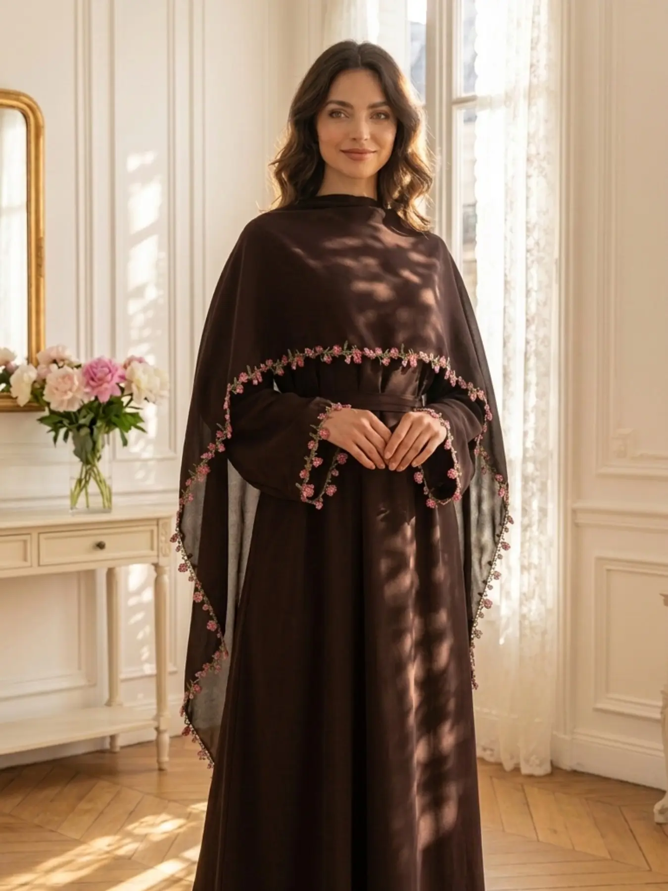 New Muslim Women's Multi-Color Lace Trimmed Dubai Abaya Dress, Elegant Fitted Long Dress with Headscarf, Spring & Fall Party Gown