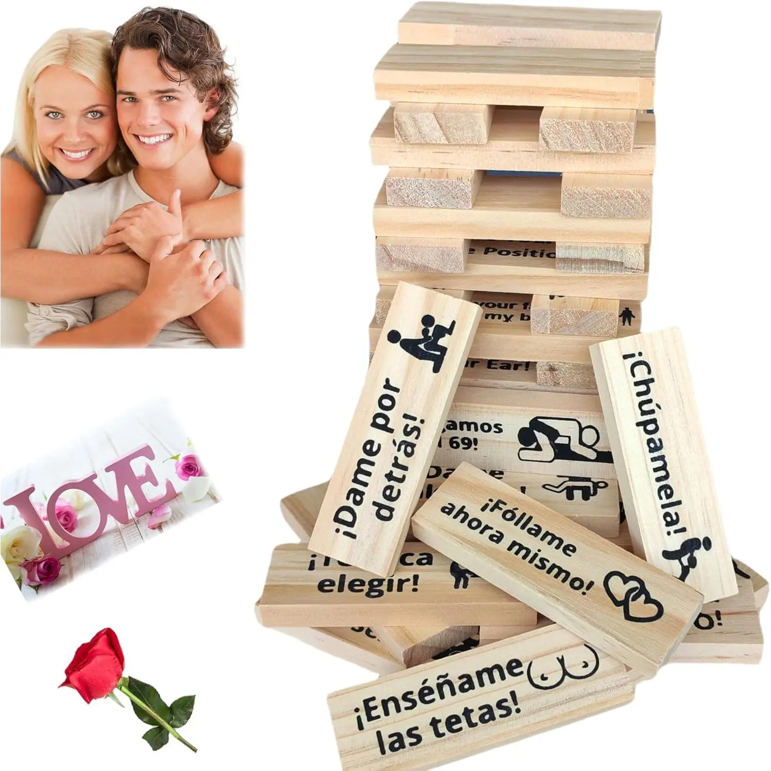Spanish Tumbling Stacking Blocks Tower Board Game - Interlocking Puzzle Party Games for Adult Couples, Funny Bedroom Activity en español, Interlocking Puzzle Party Games For Adults