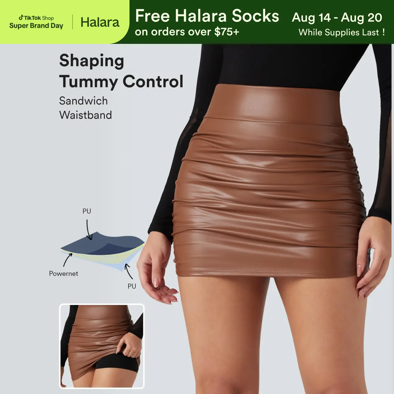 【Creator‘s Pick】High Waisted Tummy Control Ruched Curved Hem 2-in-1 Fleece PU Mini Bodycon Skirt#TikTokShopSpringGlowUp