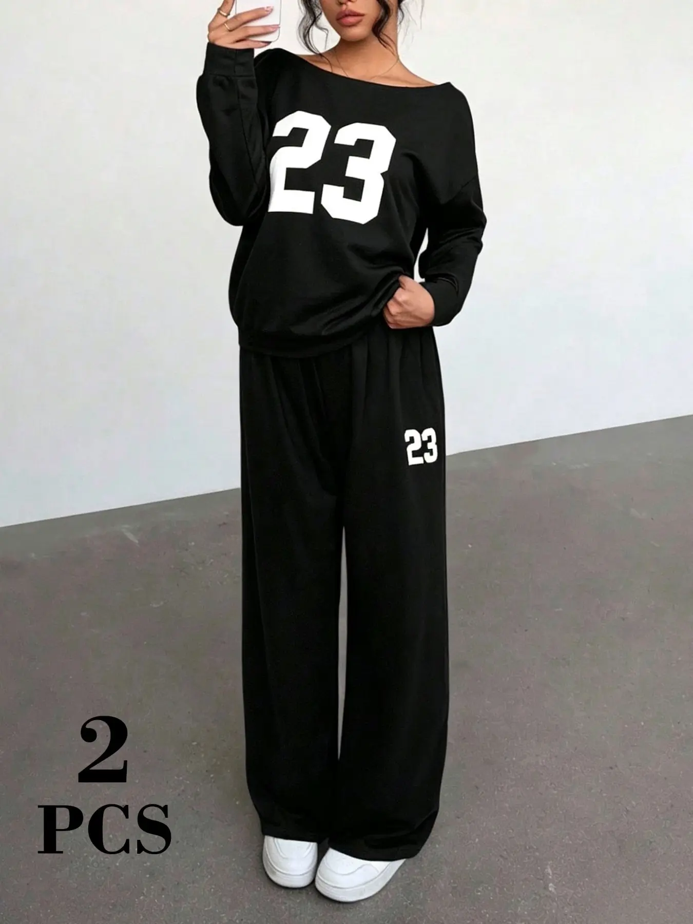 Women Black Off Shoulder 23 Number Print, Graphic Co-ords Set, Loose Long Sleeve Boat Neck Top And Wide Leg Sweatpants Tracksuit, Casual Oversized Loungewear Suit, Y2K Coquette Streetwear Aesthetic