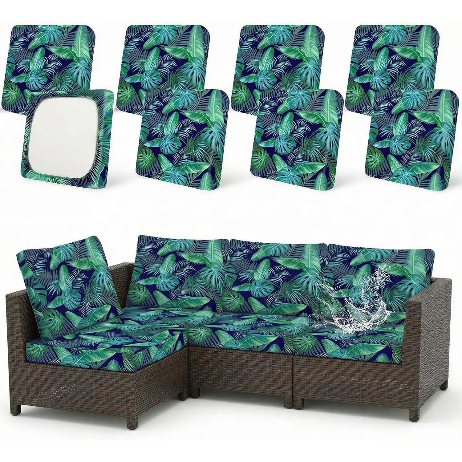 8-Pack Polyester Leaf Print Outdoor Cushion Covers, Water-Resistant High-Stretch Patio Couch Seat Slipcovers (20-27 in), 180g, Machine Washable, Resort Vibe, Pet-Friendly Home Refresh