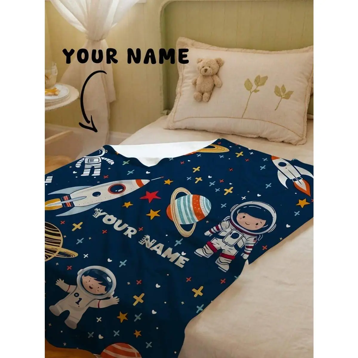 Cozy Soft Fabric Flannel Throw, Personalized Name Outer Space Astronaut Planet Cartoon Scene Blanket, Galaxy Space Themed Decorative Cozy Throw for Bedroom, Wonderful Gift for Birthdays and All Holiday Celebrations