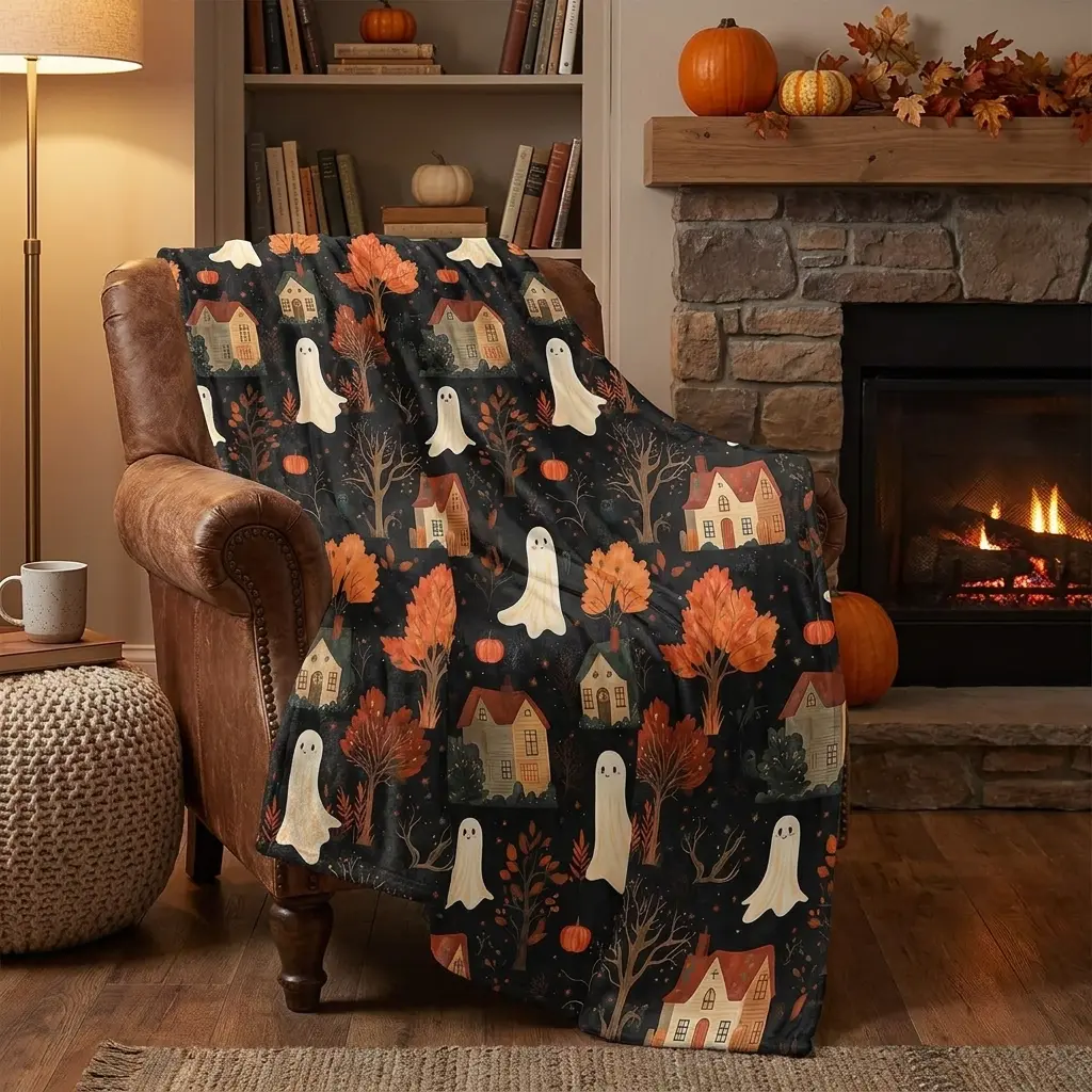Cute Ghost Pumpkin Fall Flannel Throw Blanket, Autumn Forest Cottage Halloween Blanket, Soft Lightweight Cozy Blanket for Couch Bed Sofa, Spooky Season Bedroom Decor Gift