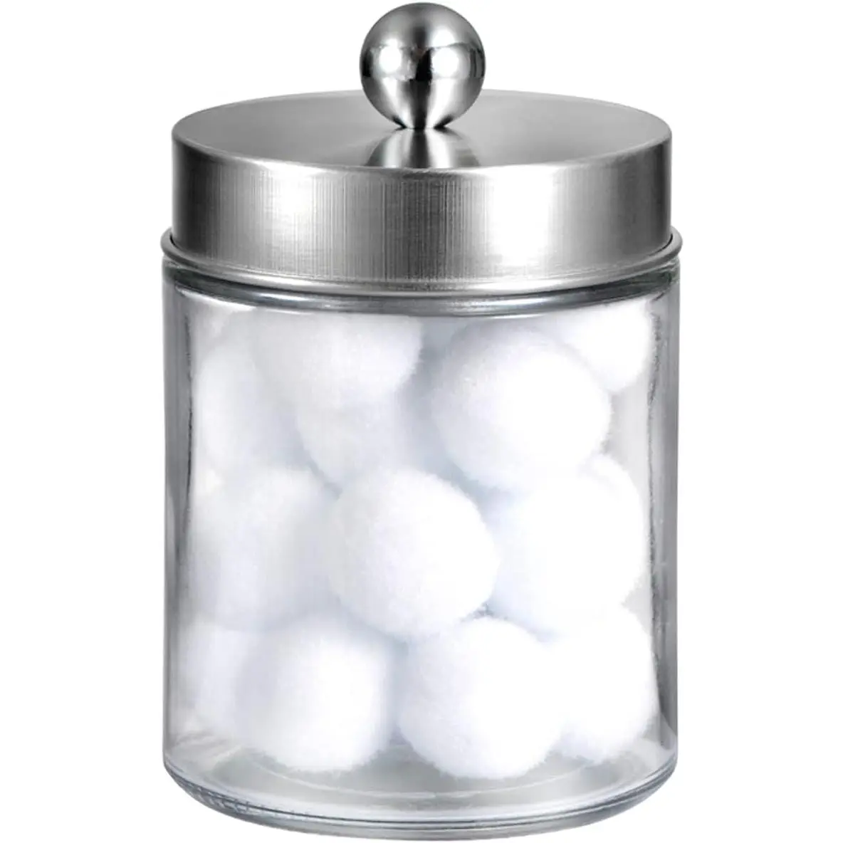 Vintage Stainless Steel Waterproof Apothecary Jar - Brushed Nickel Bathroom Vanity Organizer, Removable Lid Countertop Canister, Qtip Dispenser Glass Gift for Wedding, Friend, Mom, Sister, Baby Shower (1 Pack, Stickers Included)