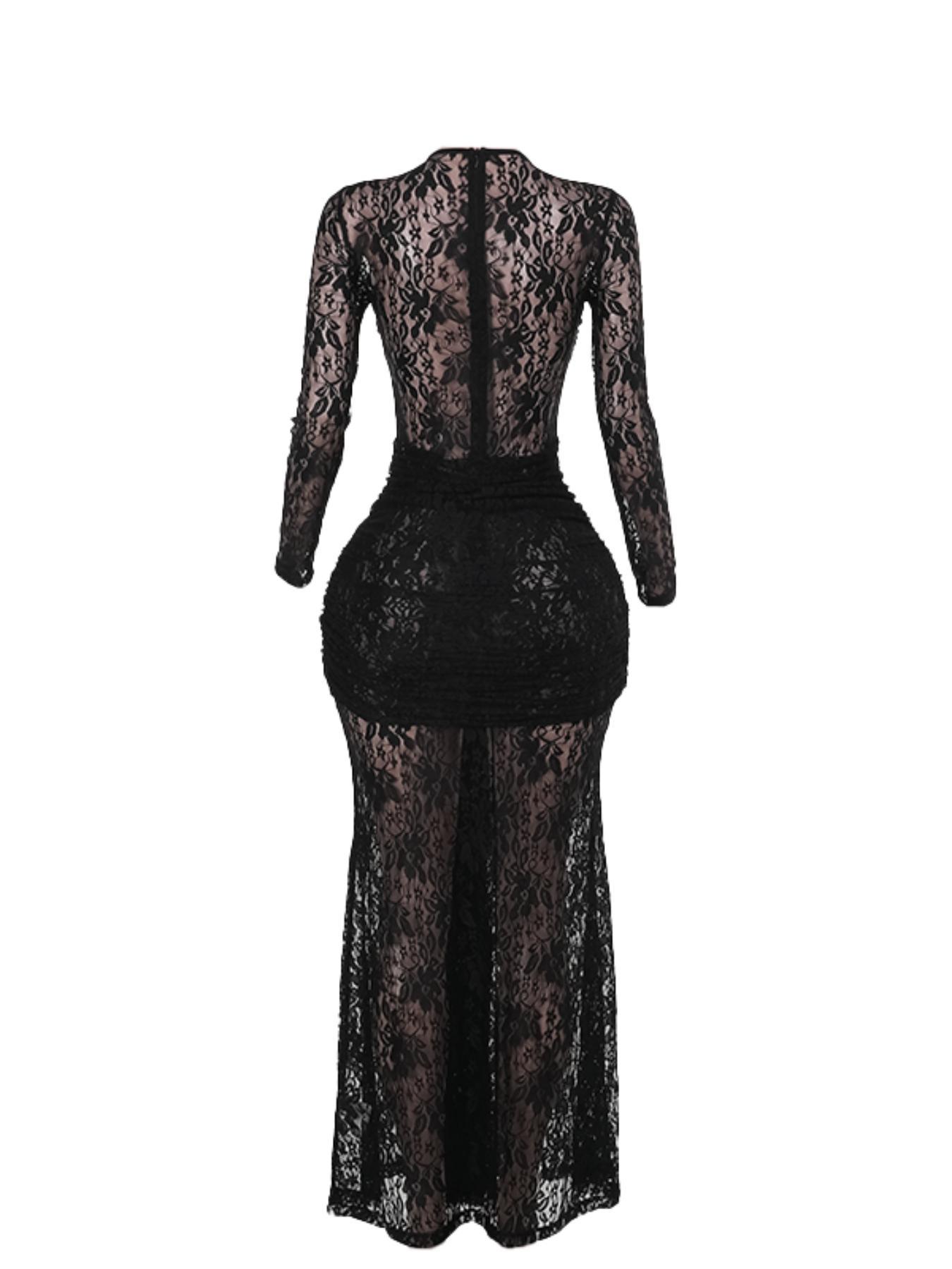 Styles by Faith Howard Women's Ruched Sheer Floral Lace Bodycon Dress, Elegant Long Sleeve Round Neck Maxi Dress for Party Holiday Wedding Guest, Ladies Fall & Winter Clothes