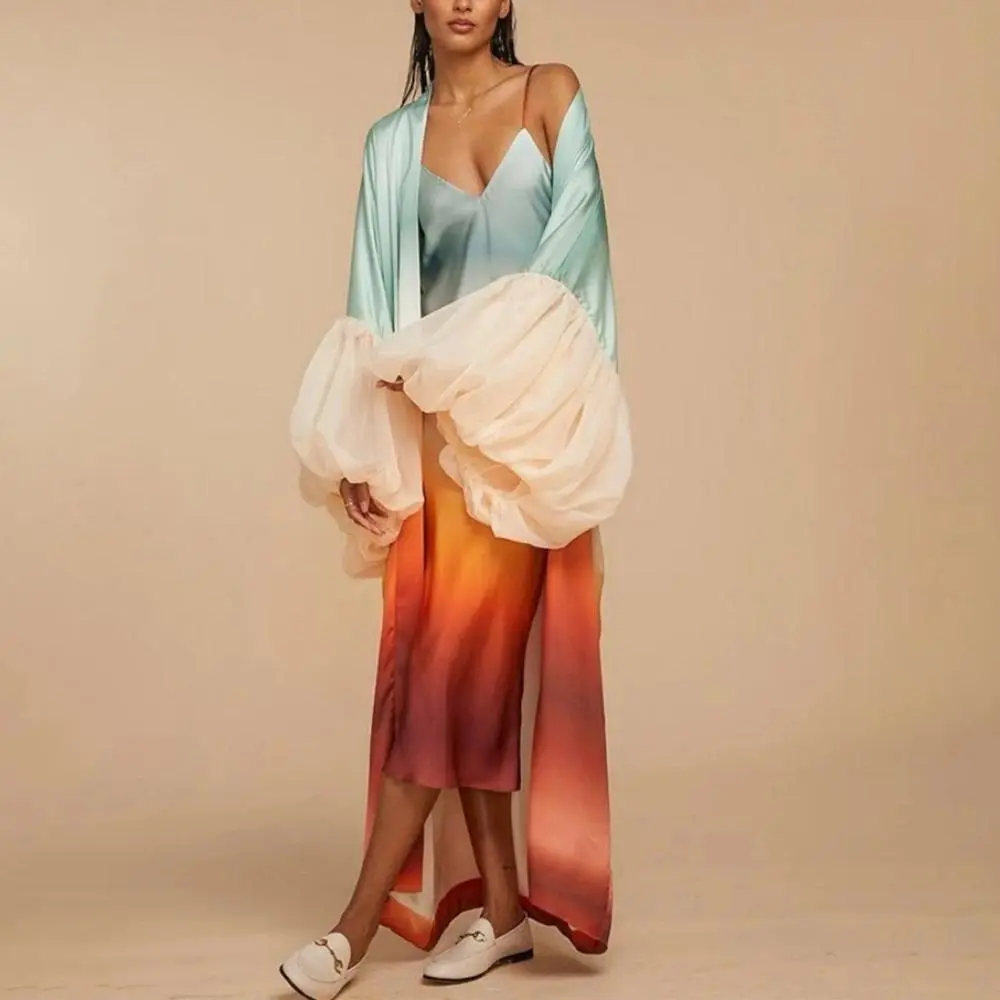 Women's African Plant Print Kaftan Robe, Fashion Loose Puff-Sleeve Colorblock Boubou Gown for Casual Beach, Party Occasions, One Size Fits