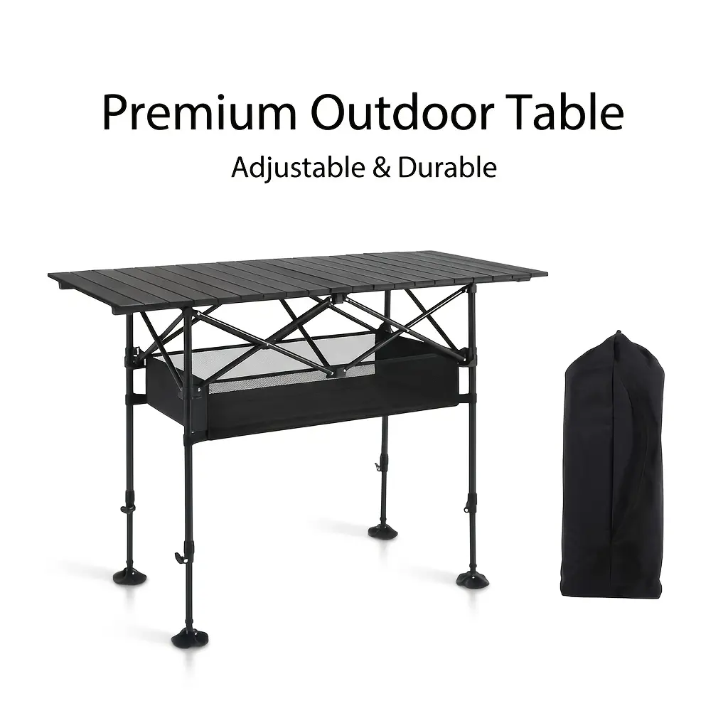 Foldable Portable Adjustable Height Table with Mesh Storage Basket & Removable Legs, Waterproof Durable Lightweight Sit/Stand Dual Use Space-Saving Desk for Picnic Camping Beach Balcony