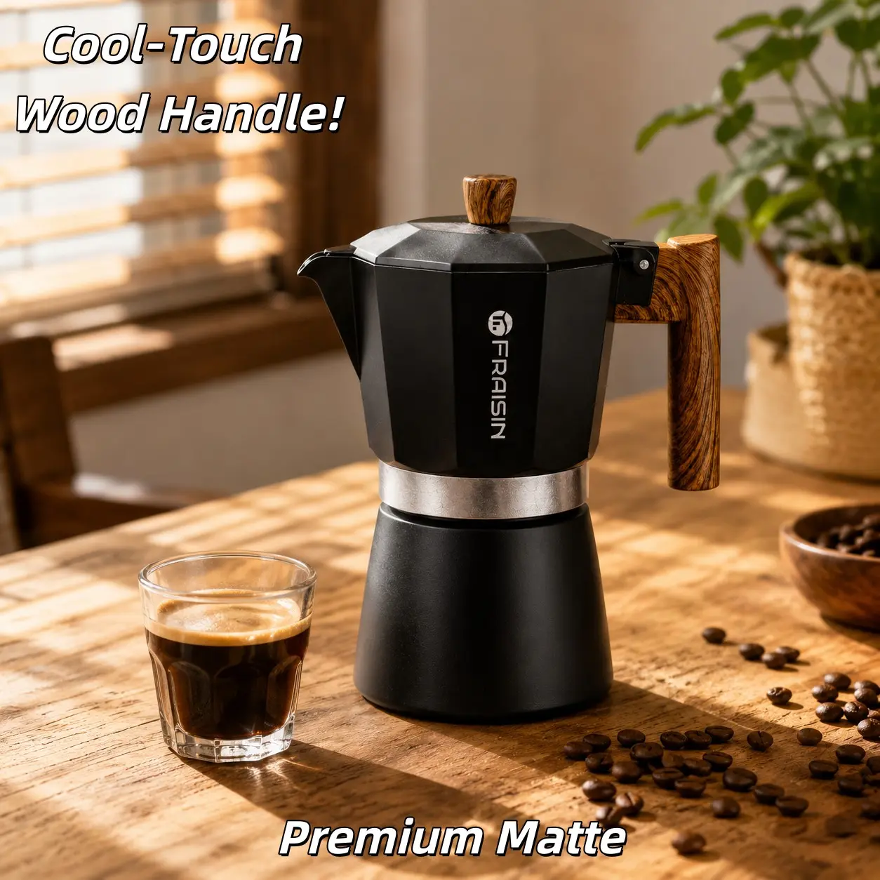 Fraisin Moka Pot 3 Cup/6 Cup Capacity, Aluminum Body with Wooden Handle, Italian Espresso Coffee Maker for Stove Use, Coffee Brewer, Coffee Equipment