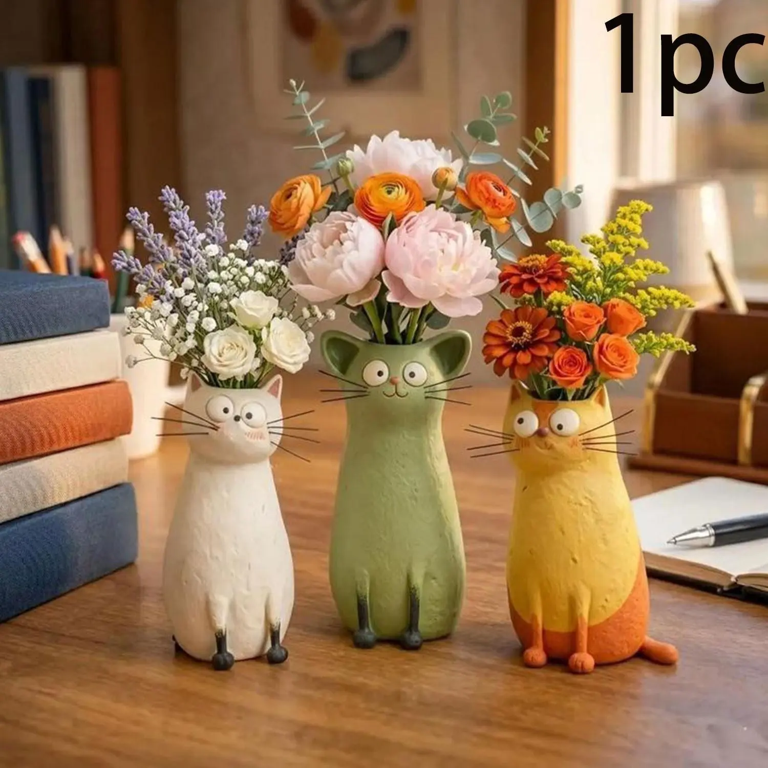 Fun cat vase, suitable for growing small flowers. 7.5 inches in size. Can be used as a decoration on the table or on the shelf for Halloween or Christmas. Cute cat-shaped vase.