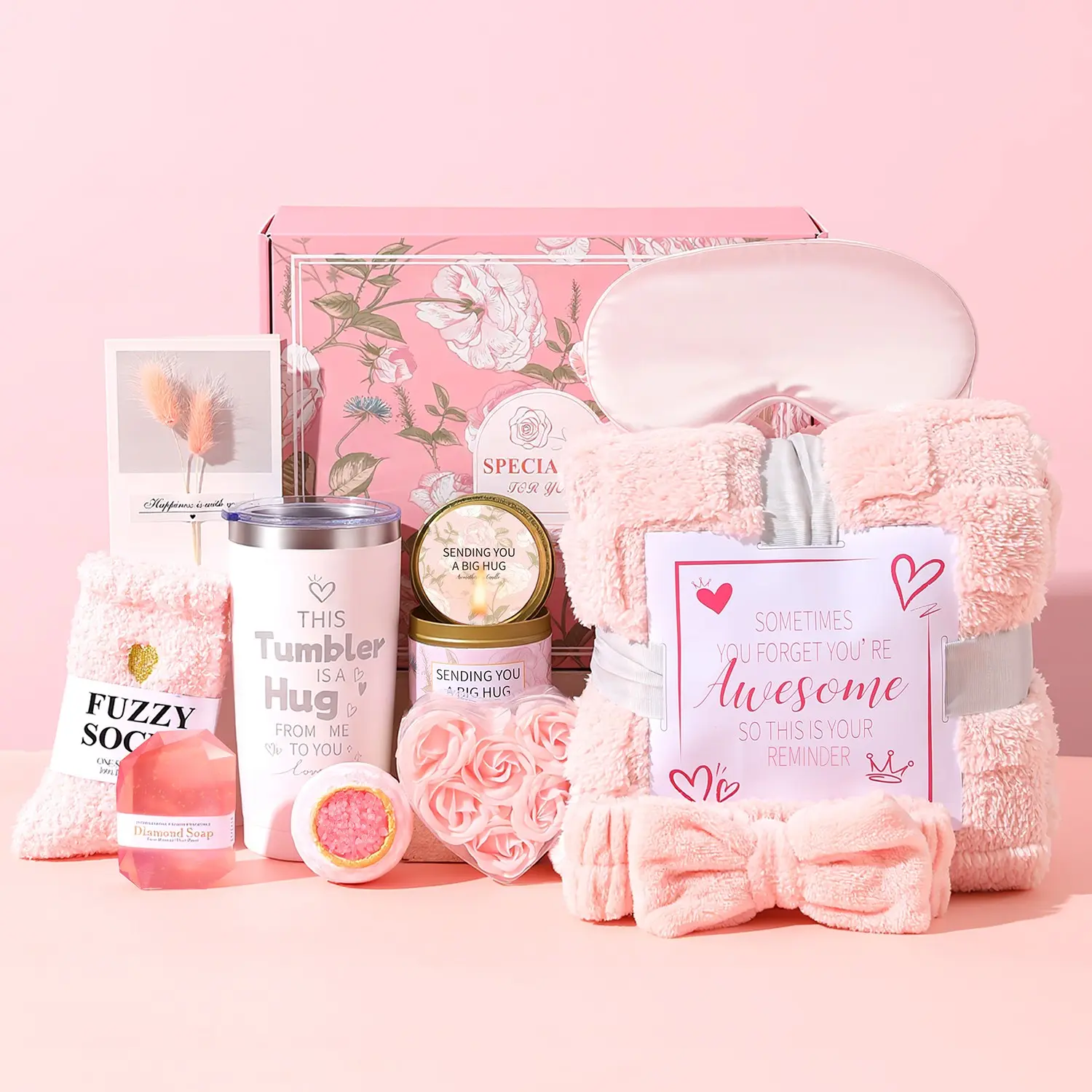 1Set Pink Self-Care Relaxation Gift Box Set, including insulated tumbler, fluffy blanket, scented candle, sleep eye mask, bow headband, fuzzy socks, gemstone soap, rose soap and bath bomb, ideal as holiday and birthday gifts