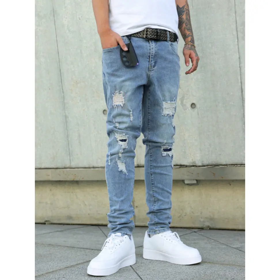 Men's Light Blue Distressed Skinny Jeans, Washed Denim Pants with Raw Hem & Patch Details, Slim Fit Streetwear Jeans for Casual Dating & Outdoor Style