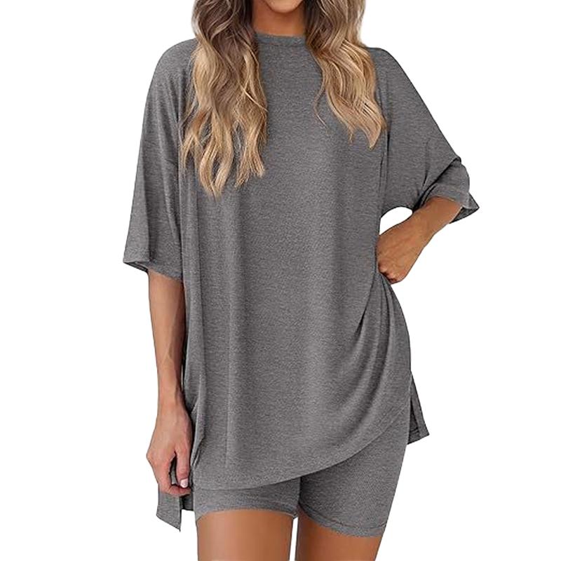 Women's Summer Casual Solid Color Crew Neck Slit Loose Short Sleeve Top with Pocket, Shorts Set Comfy Loungewear for Home