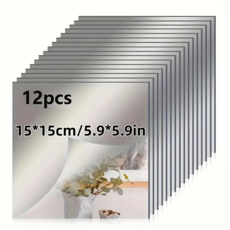 12pcs Acrylic Mirror Tiles, 15x15cm Self-Adhesive Full-Length Mirrors, Modern Home Decoration, Bathroom & Living Room Wall Mirrors, Easy Installation