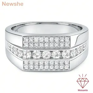 Newshe GRA Certified Full Moissanite Rings for Men Designed Wedding Band White Gold Plated Jewelry
