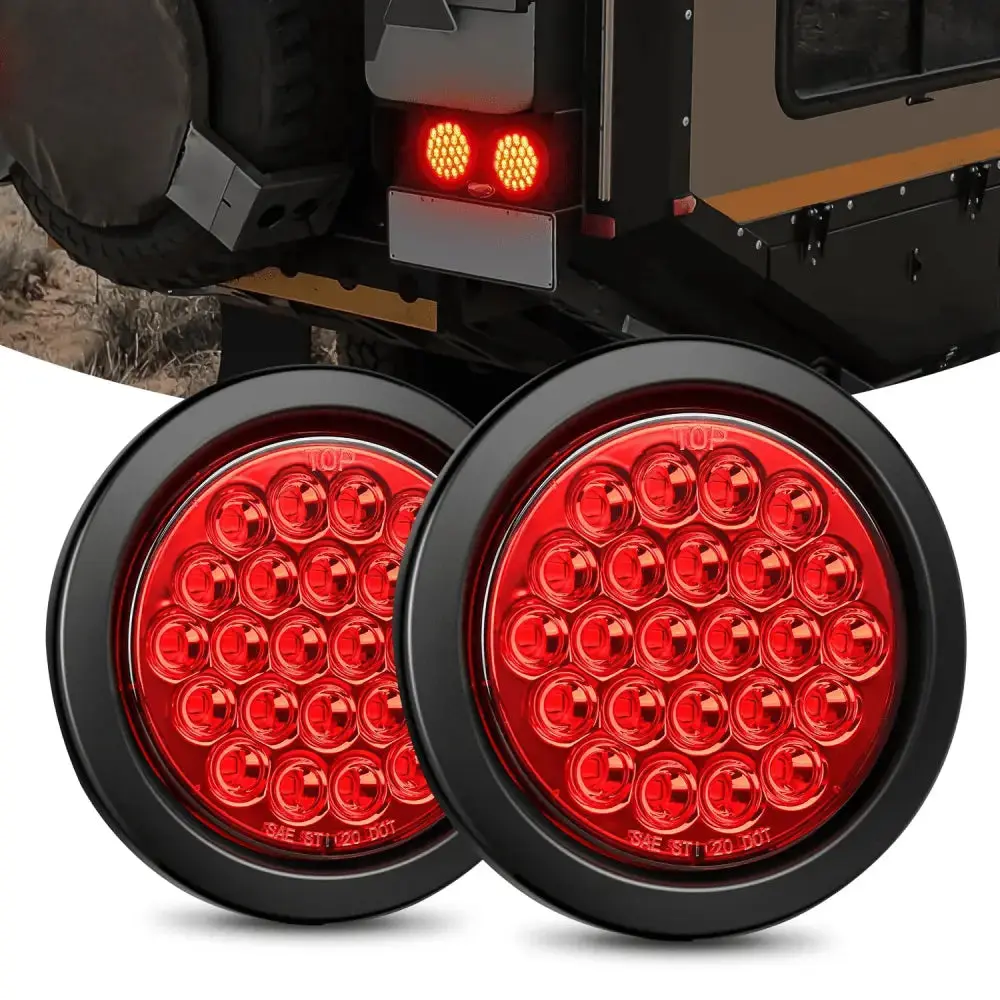 Nilight 4-Inch Red Round Tail Light - 24-LED Flush Mount Grommet Kit, 2-Piece Set for Automotive & Motorcycle Use
