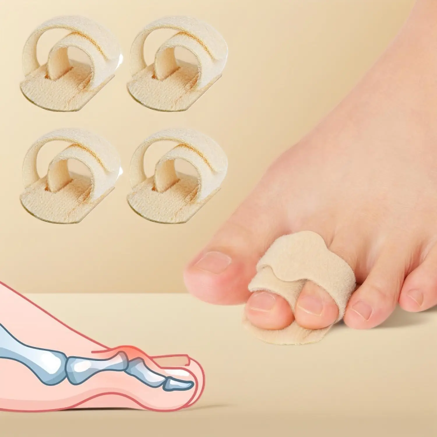 Hammer Toe Straightener - 4 Pcs Broken Toe Wraps, Corrector for Women & Men, Toe Splint Relief for Correcting Hammer Toes, Broken Toes, Crooked Toes & Overlapping Toes (Beige)