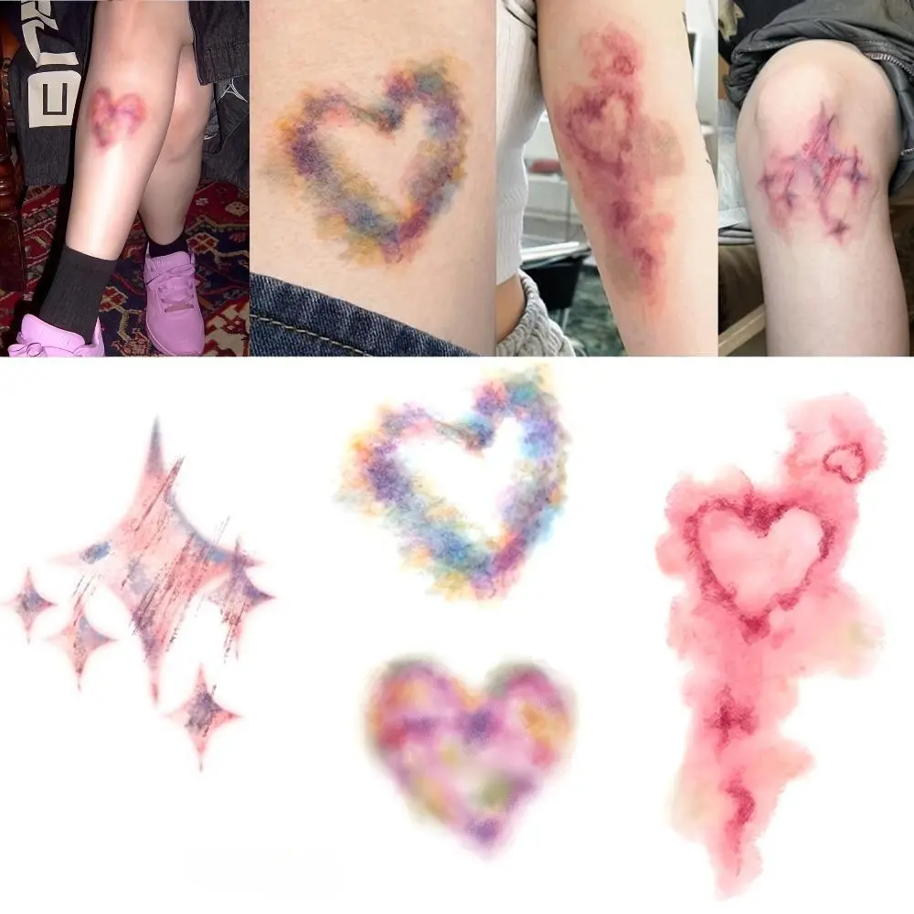 Coquette Temporary Tattoos, 4-Sheet Set with Multi-Size Watercolor Star Burst & Pastel Hearts, Long-Wear Waterproof Body Art for Festivals & Skin Concealment, Halloween, Aesthetic