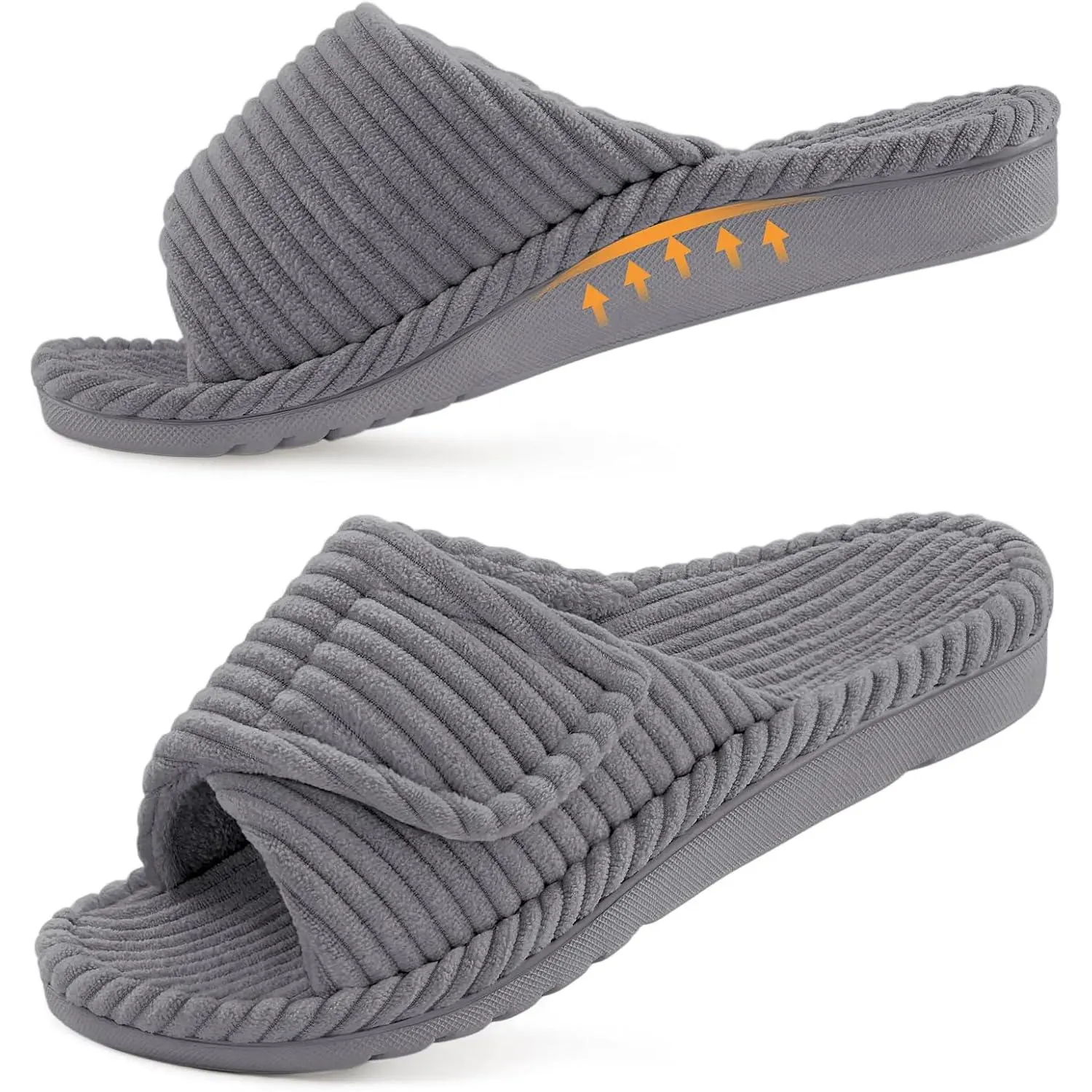 Slippers for Women Arch Support Indoor House Slippers Adjustable Open Toe Corduroy Bedroom Shoes with Memory Foam for Plantar Fasciitis