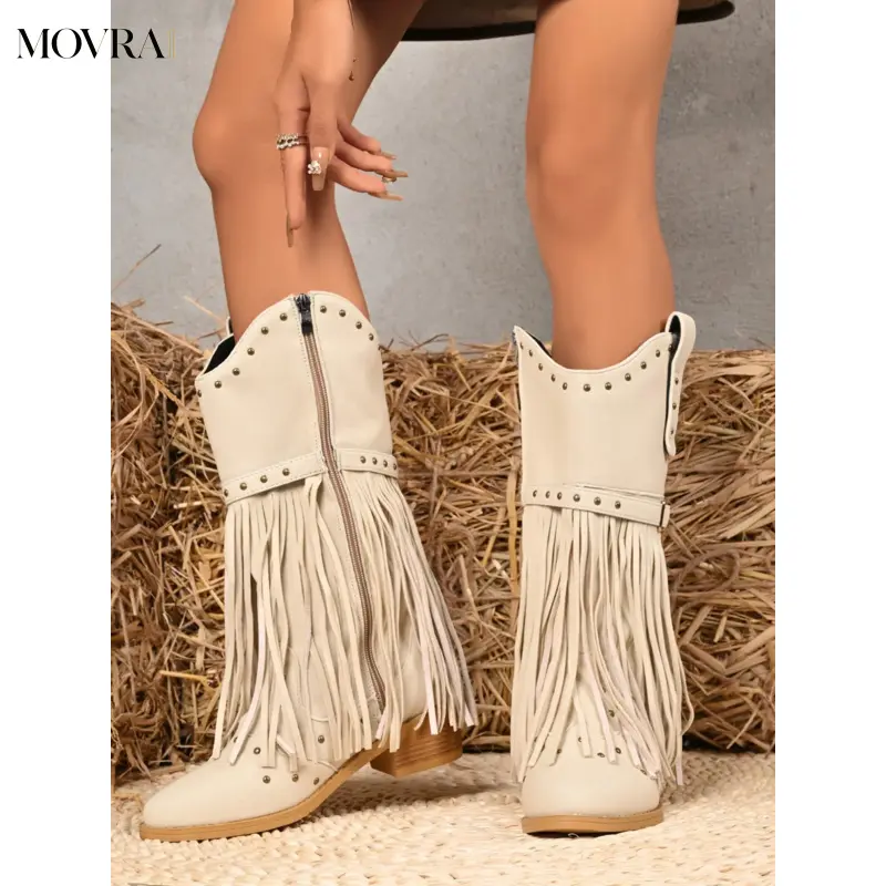 MOVRA1 Western Cowboy Mid-Calf Boots Women, Round Toe Heel Knight Boots, PU Leather Rubber Sole, All-Season Versatile Long Boots, Western Rodeo Boots, Cowgirl Boot, Western Style Boot