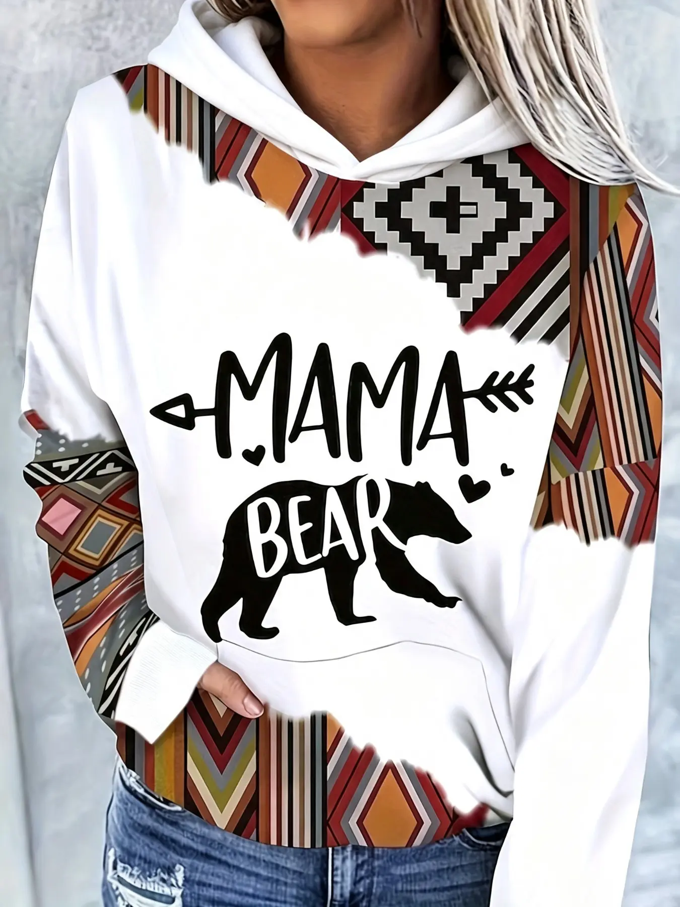 Women's Bear Mom Aztec Geometric Patchwork Loose Knit Hoodie, Western Retro Long Sleeve Pullover with Kangaroo Pocket, Casual Loose-Fit Sweatshirt