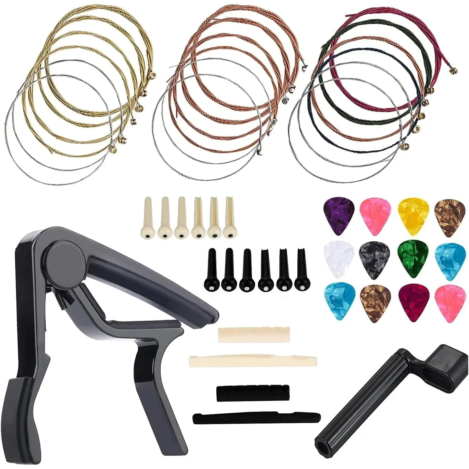 48 count Guitar Accessories Kit, Acoustic Guitar Changing Tool, Including Strings, Picks, Capo, String Winder, Bridge Pins, Pin Puller, for Guitar Players and Beginners