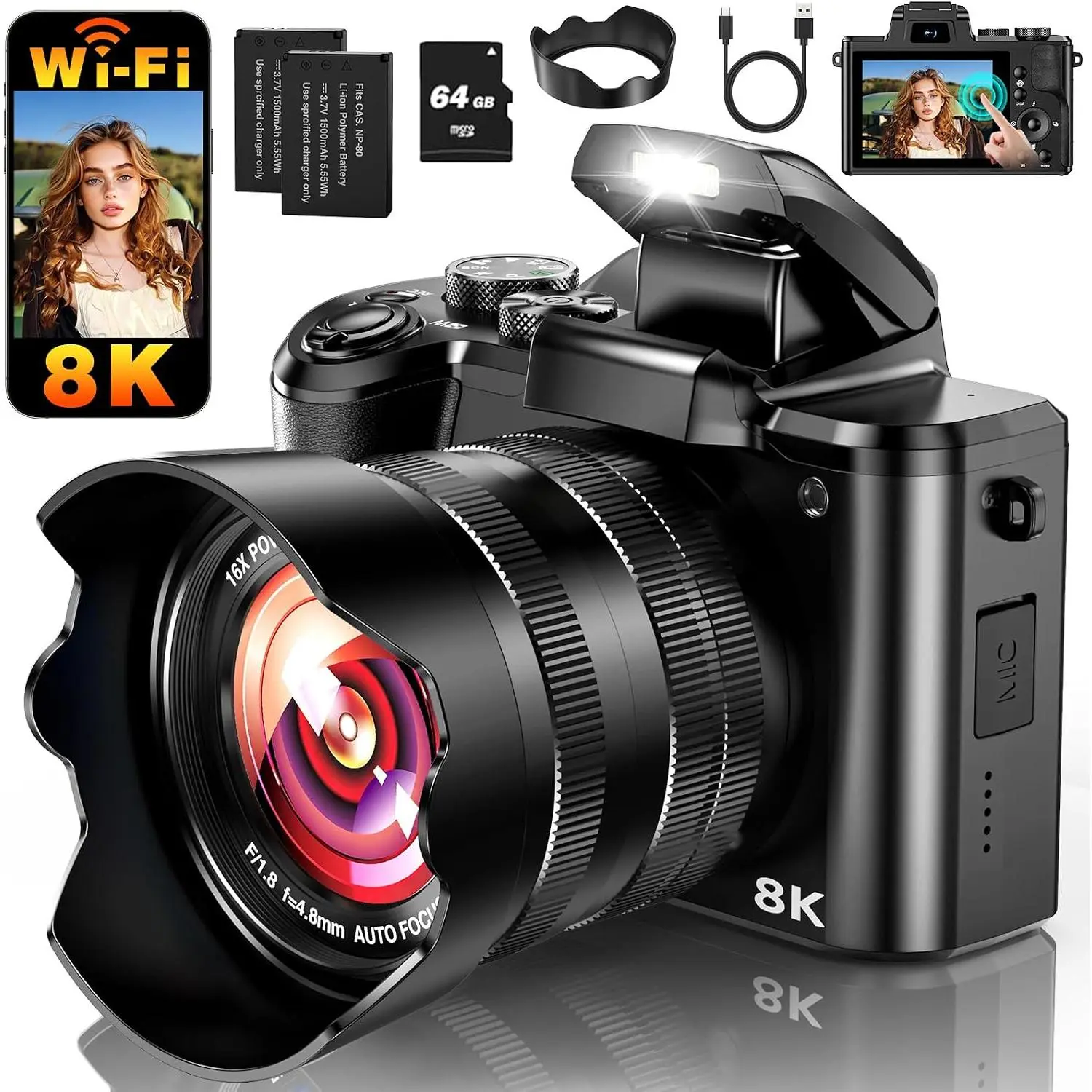 8K Digital Camera, 88MP WiFi Cameras for Photography with 3.2" Touchscreen, Autofocus, 16X Zoom, Anti-Shake,  Lens Vlogging Camera for YouTube, 2 , 64GB Card & Flash