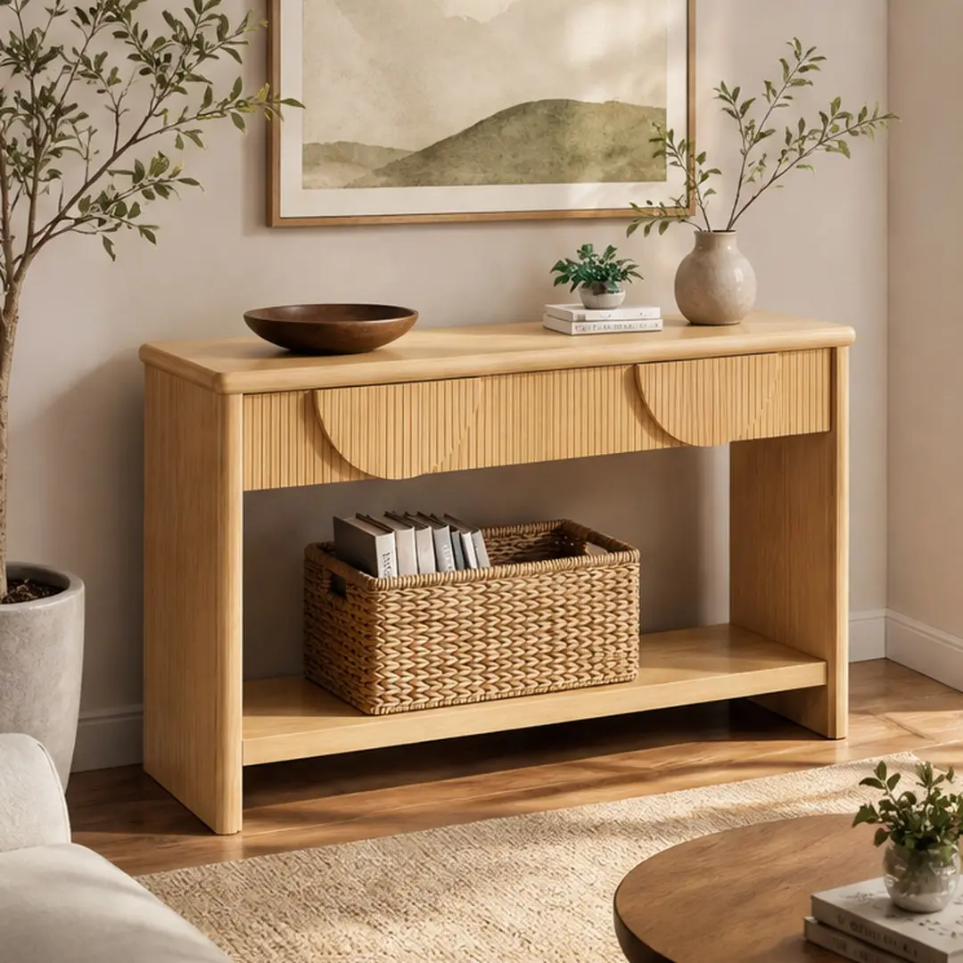 ARCH 55" Fluted Minimal Style Console Table - Solid Pine Top, MDF Panel, Semi-Circular Soft-Close Drawers, Bottom Display Shelf, Curved Surface, Molded Edge, Wooden Accent Sofa Table for Entryway Living Room, & Sofa Tables Wooden Accent Console, Curved Su