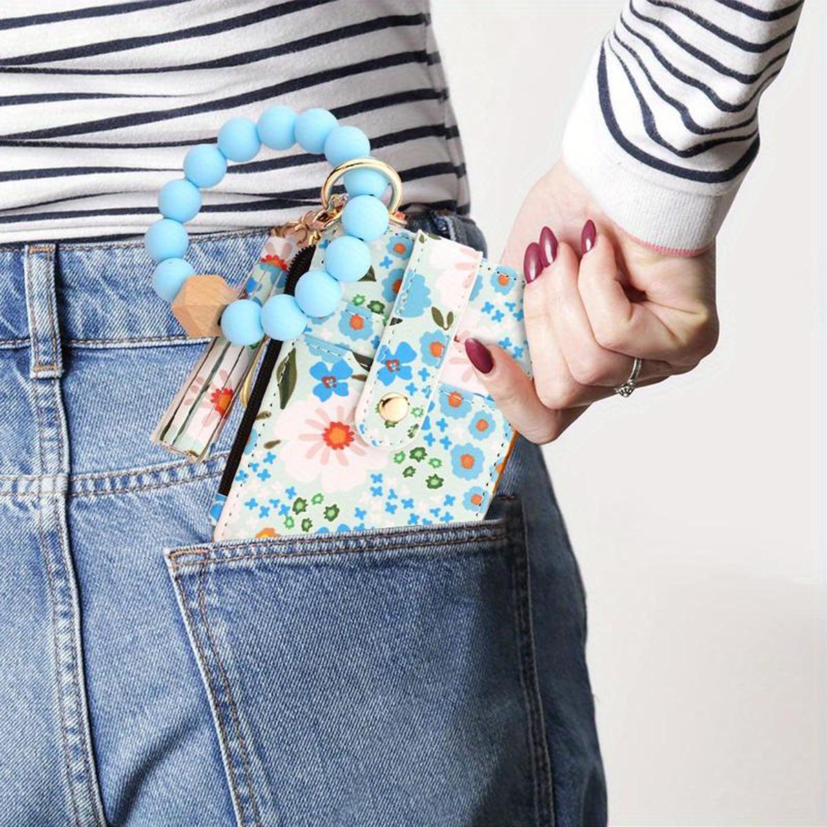 Floral PU Leather Zipper Wallet & Keychain with Silicone Bead Bracelet,Boho Style Wristlet Small Credit Card Holder Bracelet Key Chain Purse Bangle Tassel Beads for Women,  Valentine’s Day, or Everyday Use, Versatile Wallet | Chic Bracelet Wallet