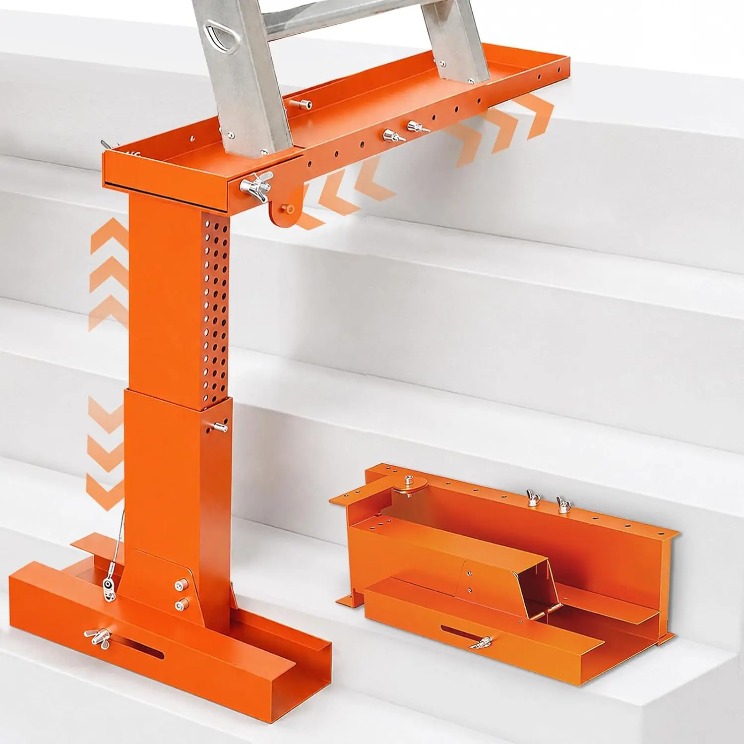 Ladder Leveler for Stairs & Extension Ladders, Heavy Duty 500 lb Adjustable Stabilizer Platform, Fits Foot Spacing <30", Height 11-18", Length 17-31.5", Foldable & Durable (Orange)