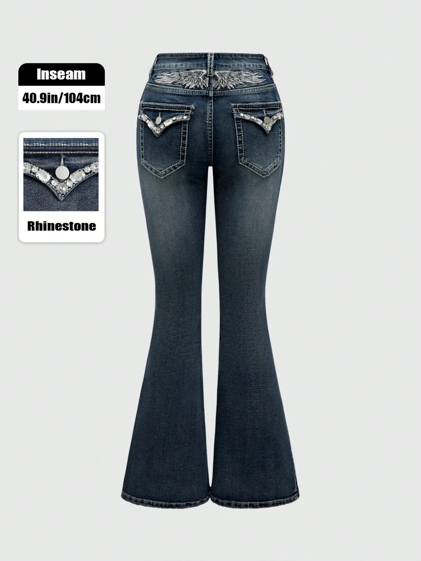 Y2K Women's Vintage High-Waisted Stretch Flare Jeans, Denim Pants, Angel Wings Embroidery, Rhinestone Pockets, All-Season Floor-Length Pants