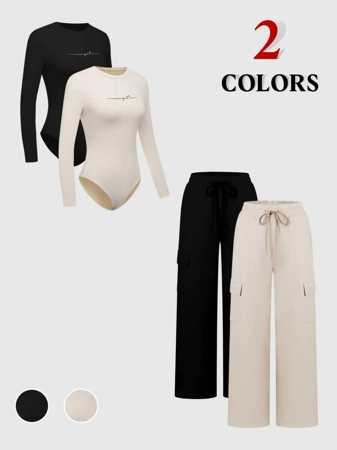 Clean Girl Minimal Two‑tone Matching Set Long Sleeve Letter Bodysuit And Wide Leg Elastic Waist Cargo Pants great for capsule wardrobe building morning jogs grocery runs and effortless neutral‑tone chic daily outfits