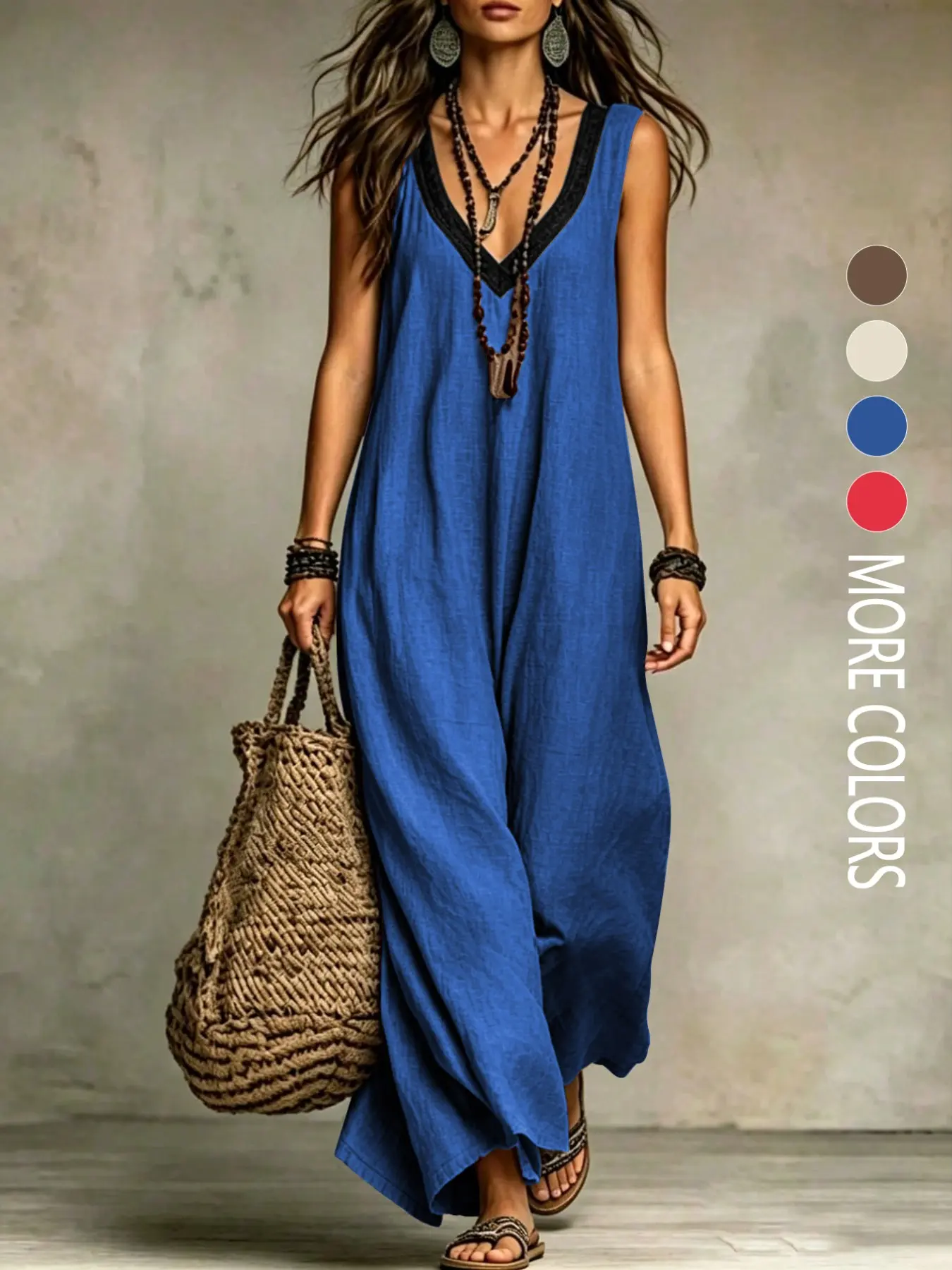 This women's casual V-neck sleeveless dress features a color-blocked design and is suitable for daily commutes, travel, and all seasons. It's fashionable and trendy.