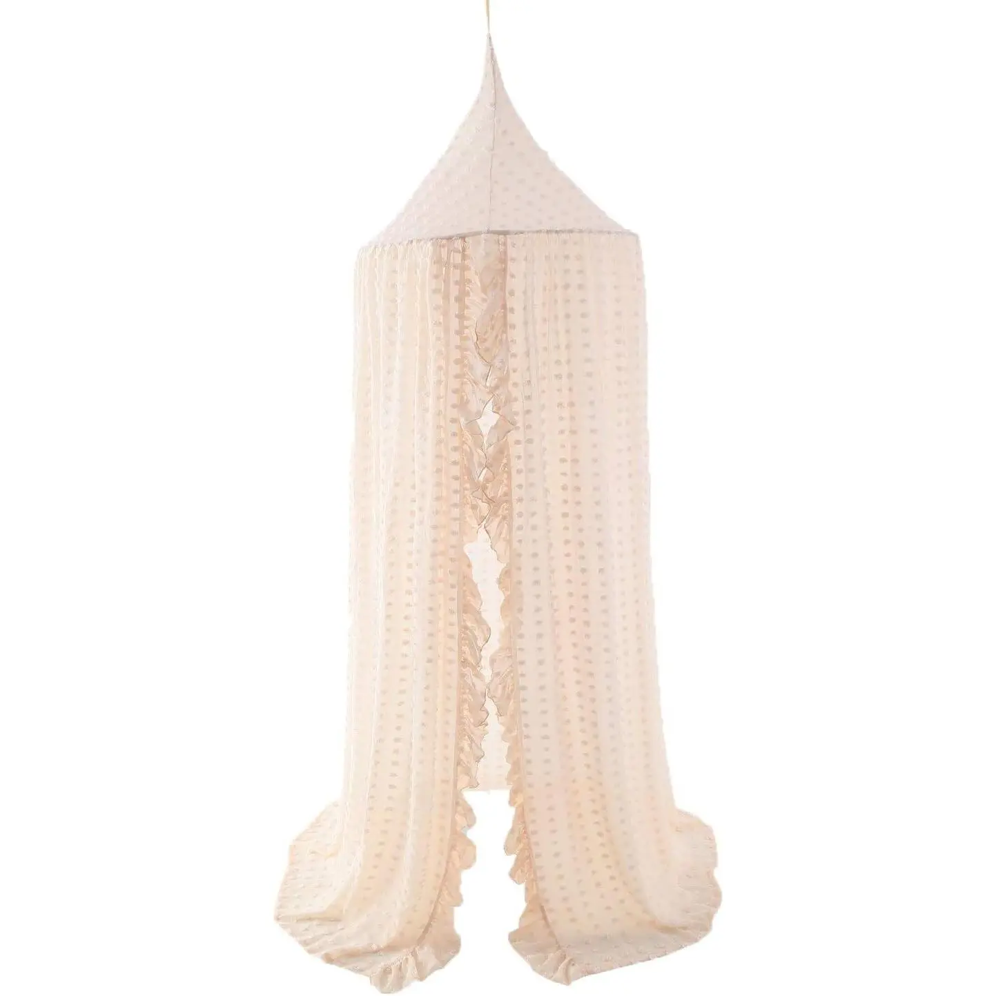 Beige Elegant Kids Bed Canopy - Lace Detail Chiffon Netting with Pom Pom Trim, Tent Shape Princess Look Hanging Curtain for Nursery Baby Crib, Children Reading Nook Decoration