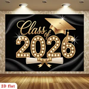 2D Flat Graduation Decoration Banner, Class of 2026 Black Gold Backdrop with Graduation Cap Design, Single-Sided Polyester Fabric, Metal Grommets for Easy Hanging