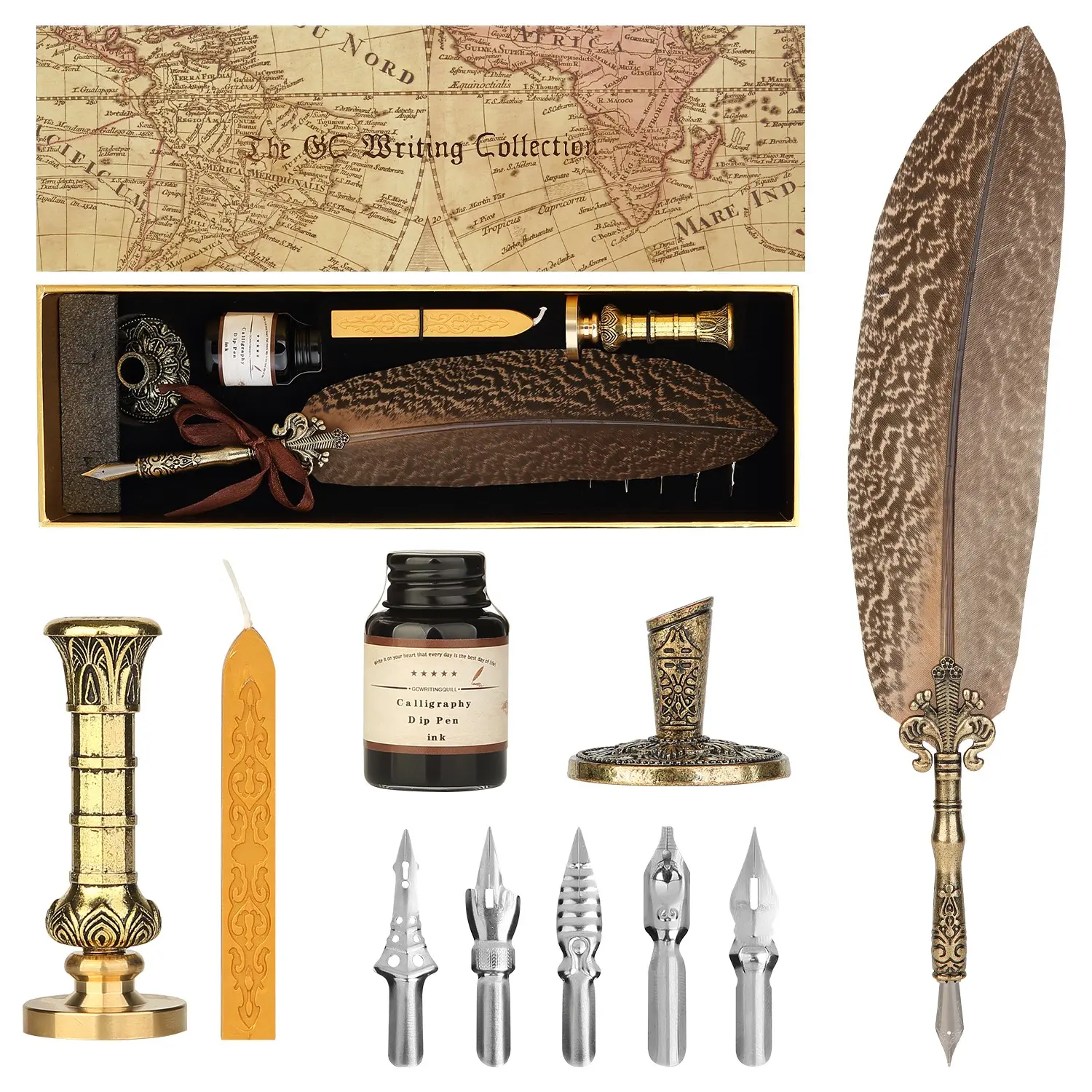 Vintage Feather Pen and Ink Set, Calligraphy Quill Pen with Dip Pen, Ink Bottle and Wax Seal Tool, Antique Writing Set, Stationery Writing Tools for Writers, Calligraphy Lovers and Gift Giving