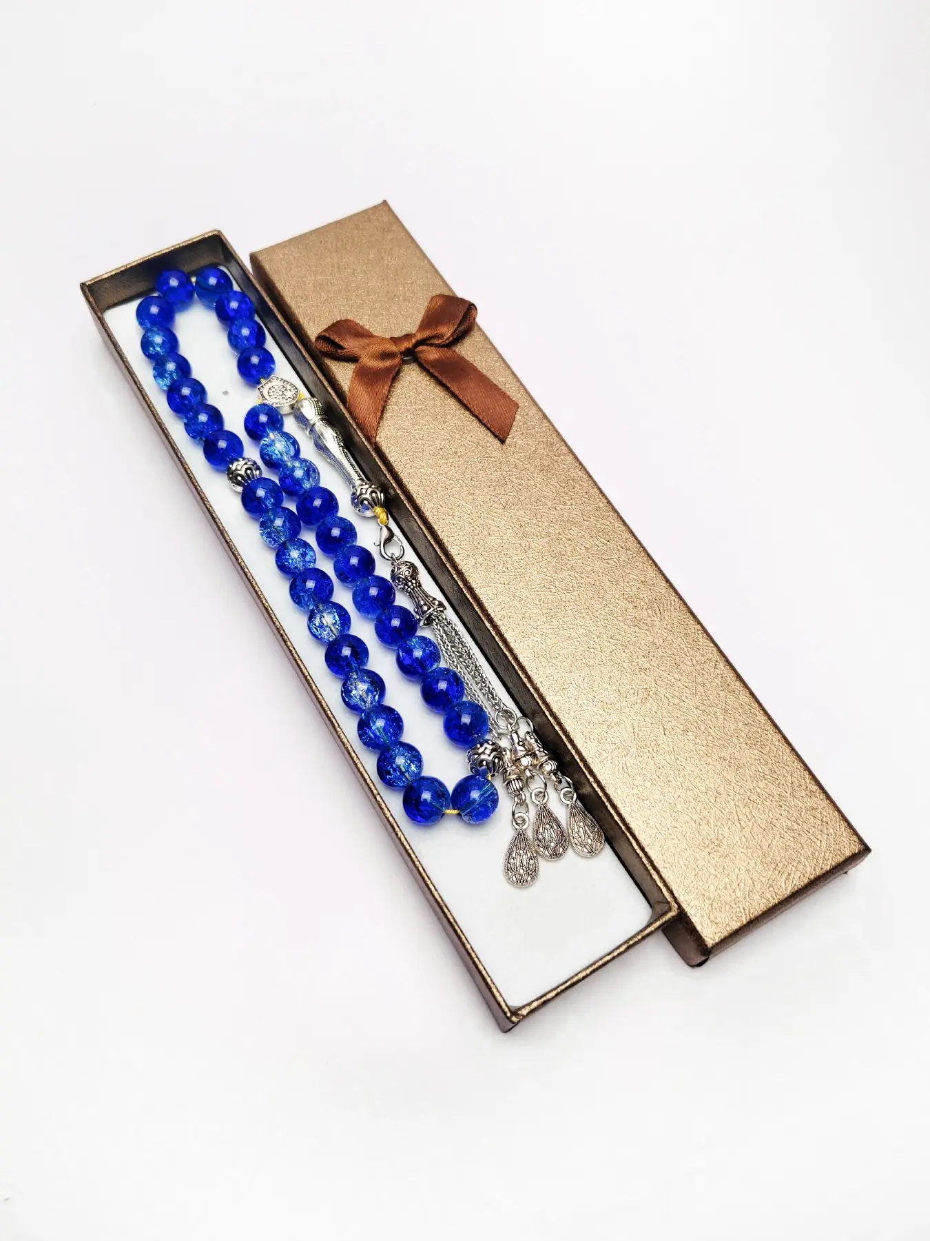 33 Beads 10mm Blue Floral Glass Prayer Bead Bracelet, Handmade Tassel Pendant, Islamic Tasbih Counter, Ramadan Gift, Dual Blue Tone