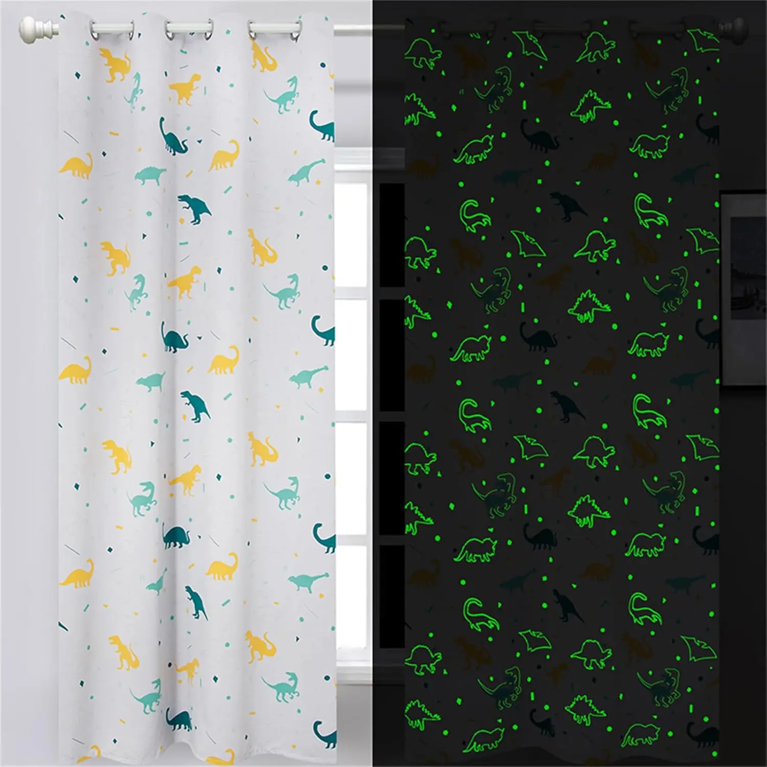 Dinosaur Curtains for Boys Bedroom Glow in the Dark Cartoon Rod Pocket  Boys Girls Simple Childish Cute Dino    Window Drapes  Bedroom Playroom Living room 2 Panels