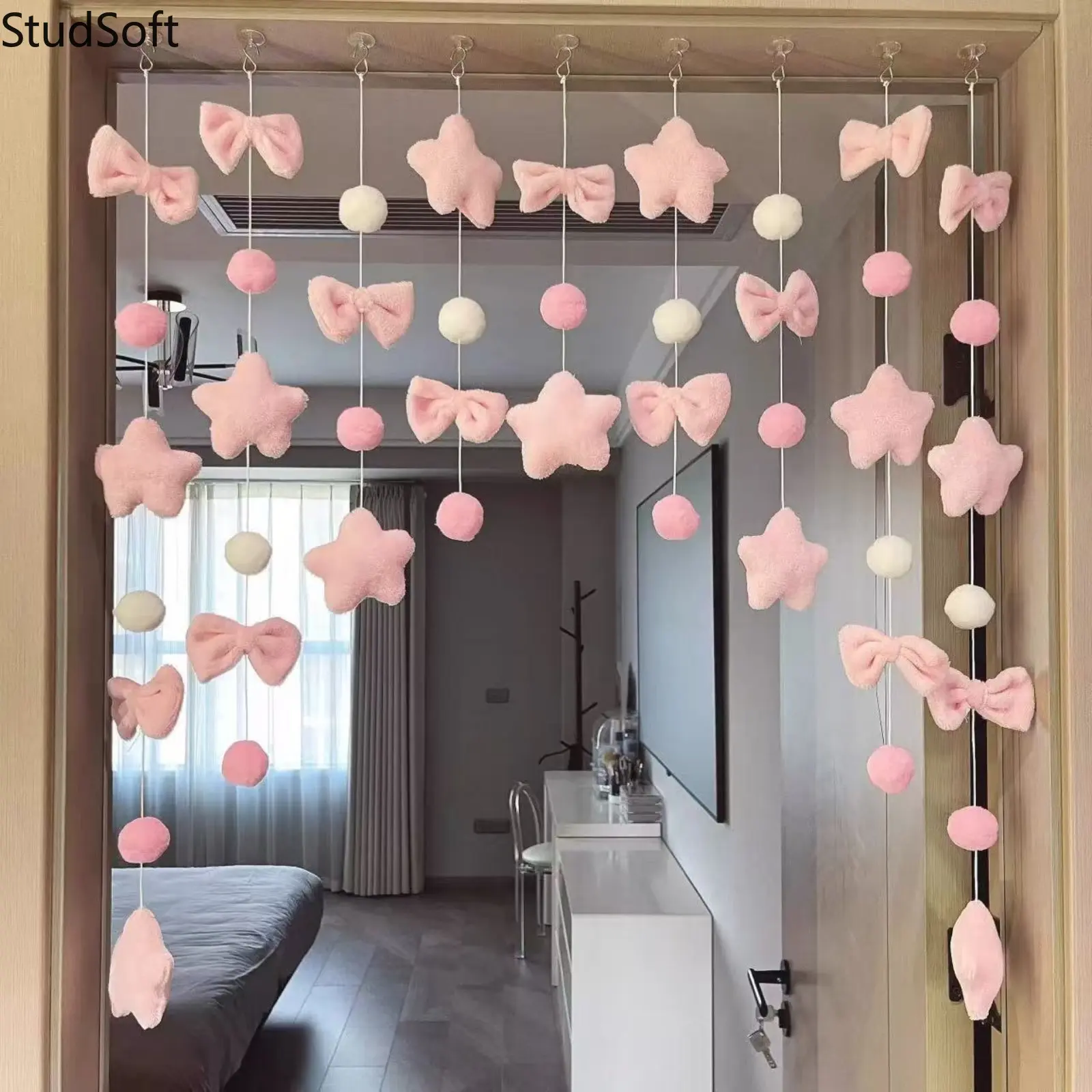 Cute Plush Stars Bowknot Door Curtain Kawaii Pink Pom Pom Garland Hanging Macrame Streamer Home Bedroom Aesthetic Room Decor Halloween Party Gifts,back to school,back to school haul