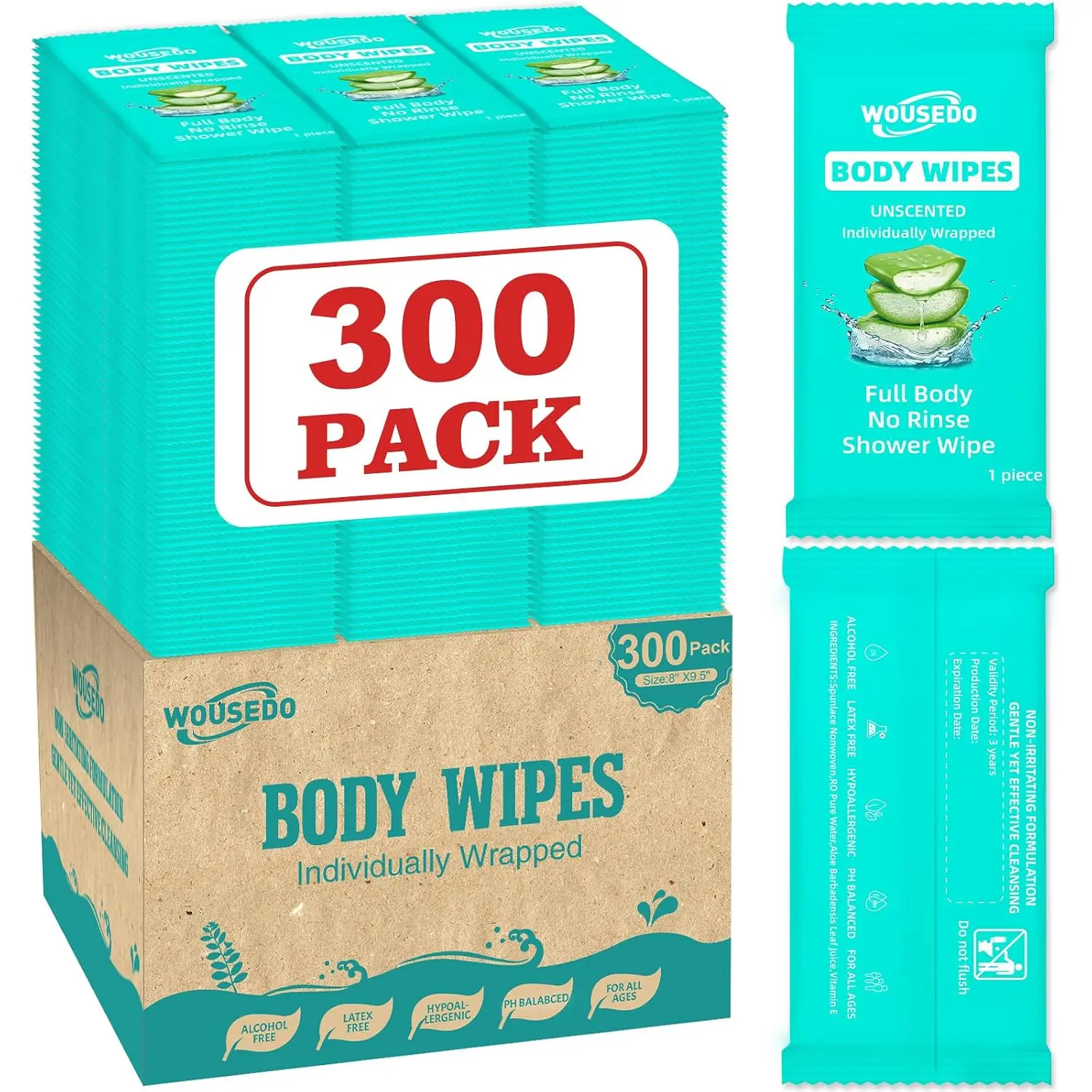 300 Pack Individually Wrapped Body Wipes (8" x 9.5"),No-Rinse Shower Wipe for Adults,Travel,Gym & Camping,Bulk Cleansing Wipes for HomelessGift.