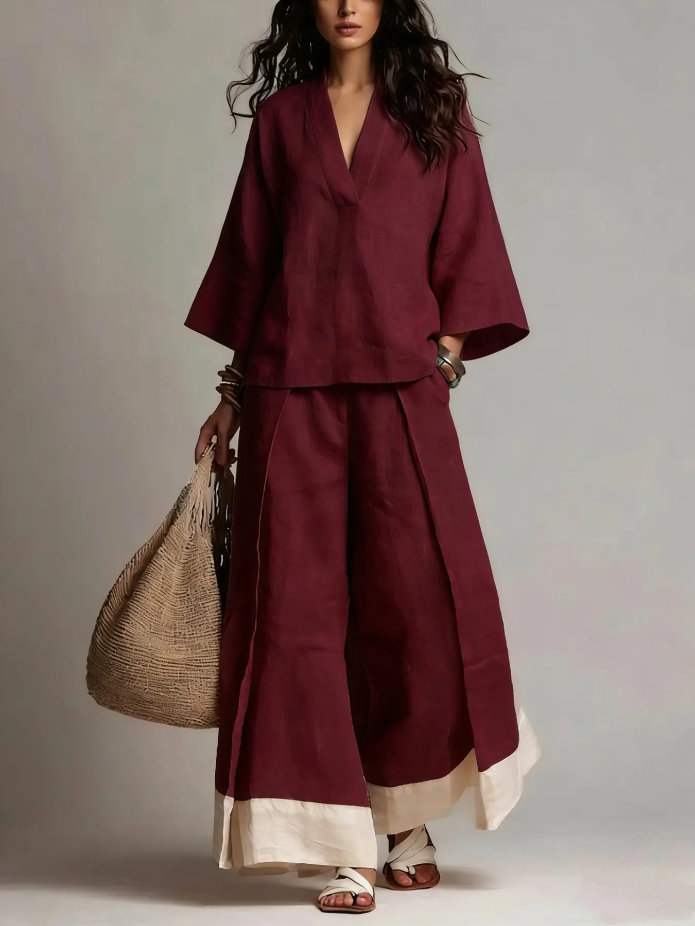 【XX72 Exclusive】 2026 SpringFall French V-Neck Shirt Set | 3/4 Sleeve Blouse & Wide Leg Pants Two-Piece Outfit