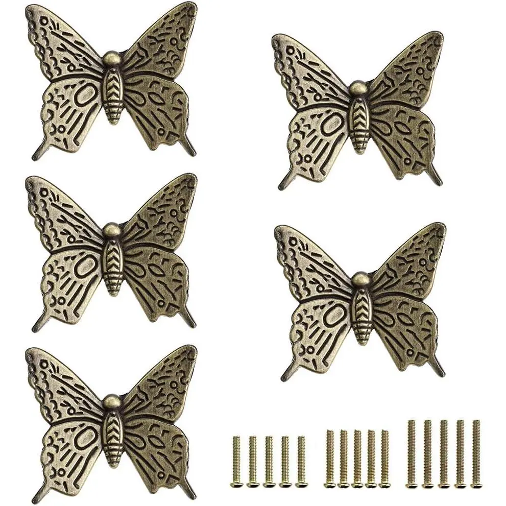5 Pack  Butterfly Handle Pulls Knobs for Cabinet Dresser |  Antique Bronze Decorative Cabinet Handle Knobs,  Retro Cupboard Door Knobs for Dresser Drawer Cabinet Closet