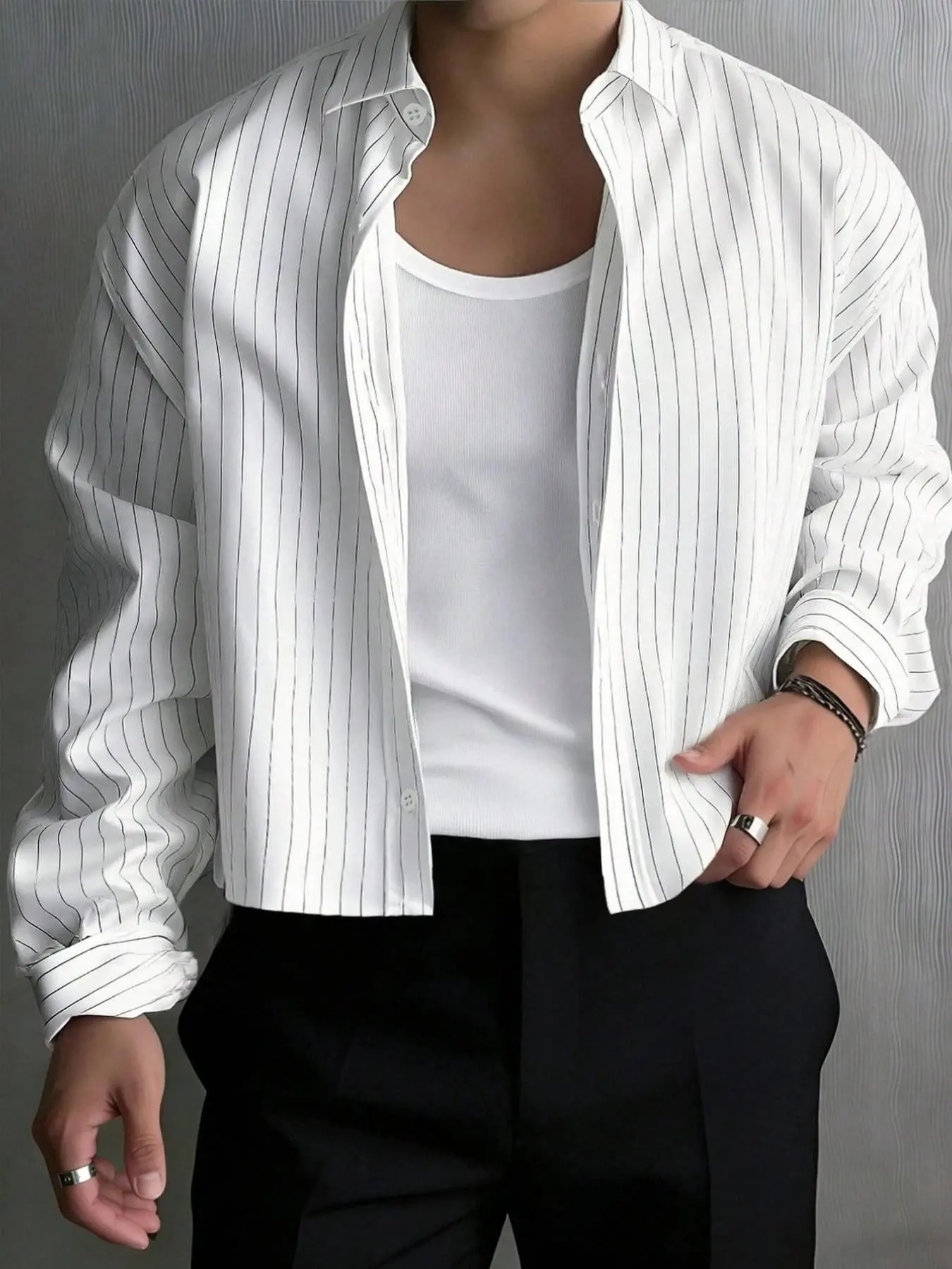 Men's Vertical Striped Short Sleeve Collared Shirt, Striped Shirts, Loose Fit Drop Shoulder Open Front Casual Blouse, Minimalist Korean Style Daily Streetwear, Casual Summer Streetwear, Casual Chic Minimalist