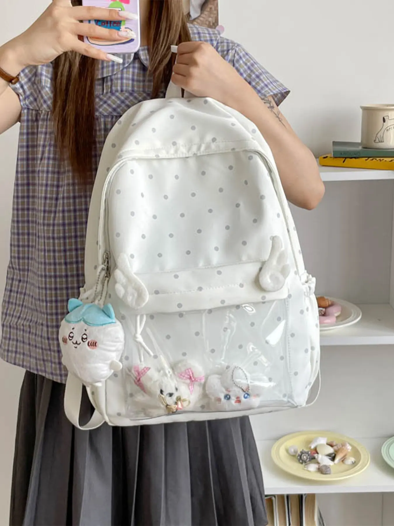 Dot Transparent Backpack for Girls, Cute Angel Wings Design, Large Capacity Student Bag, DIY Doll Storage, Preppy Style, All Seasons