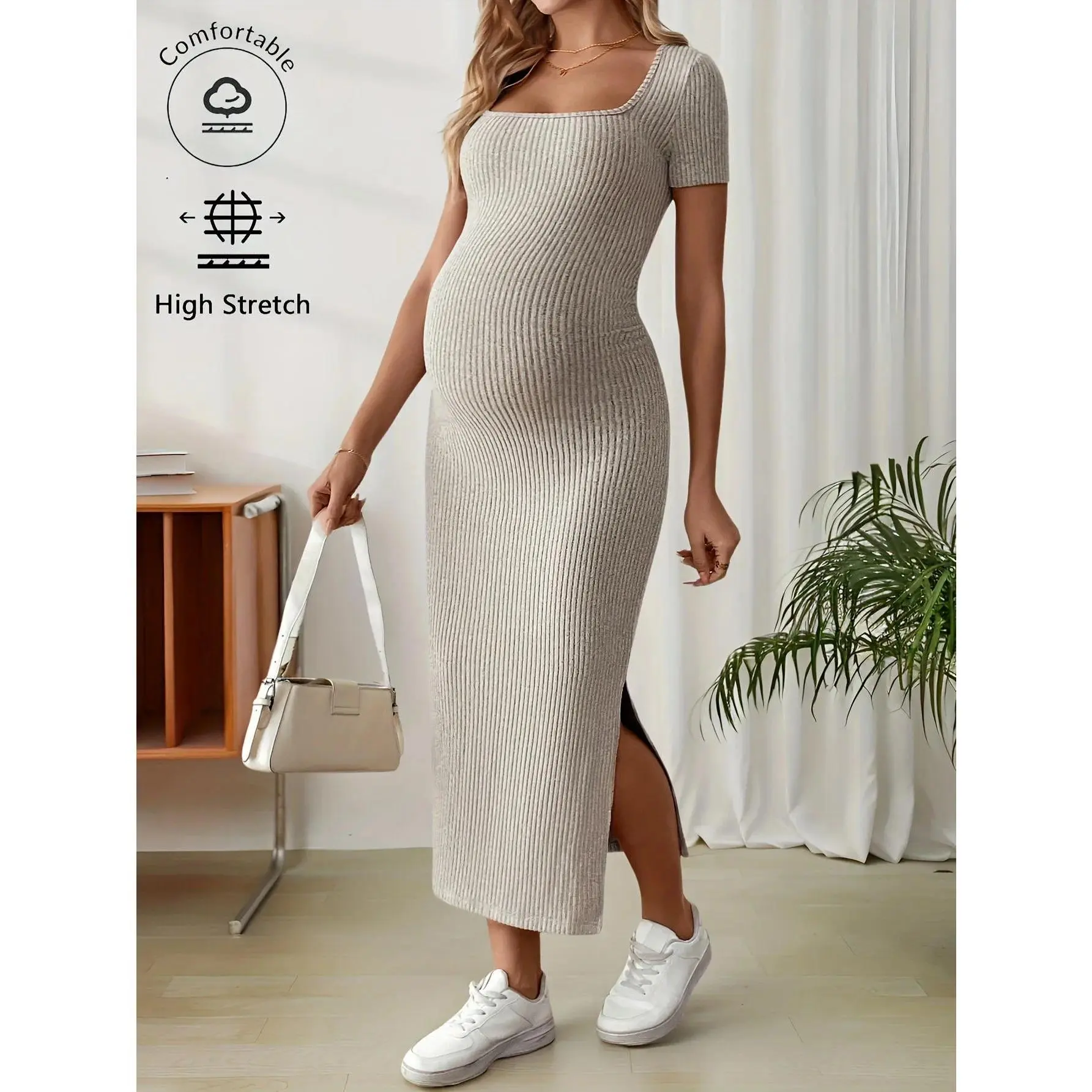 Solid Short-Sleeve Maternity Dress, Women's Casual Fitted Bodycon Pregnancy Wear, Comfortable High-Stretch Fabric for Summer, Maternity Dresses, Pregnancy Clothes