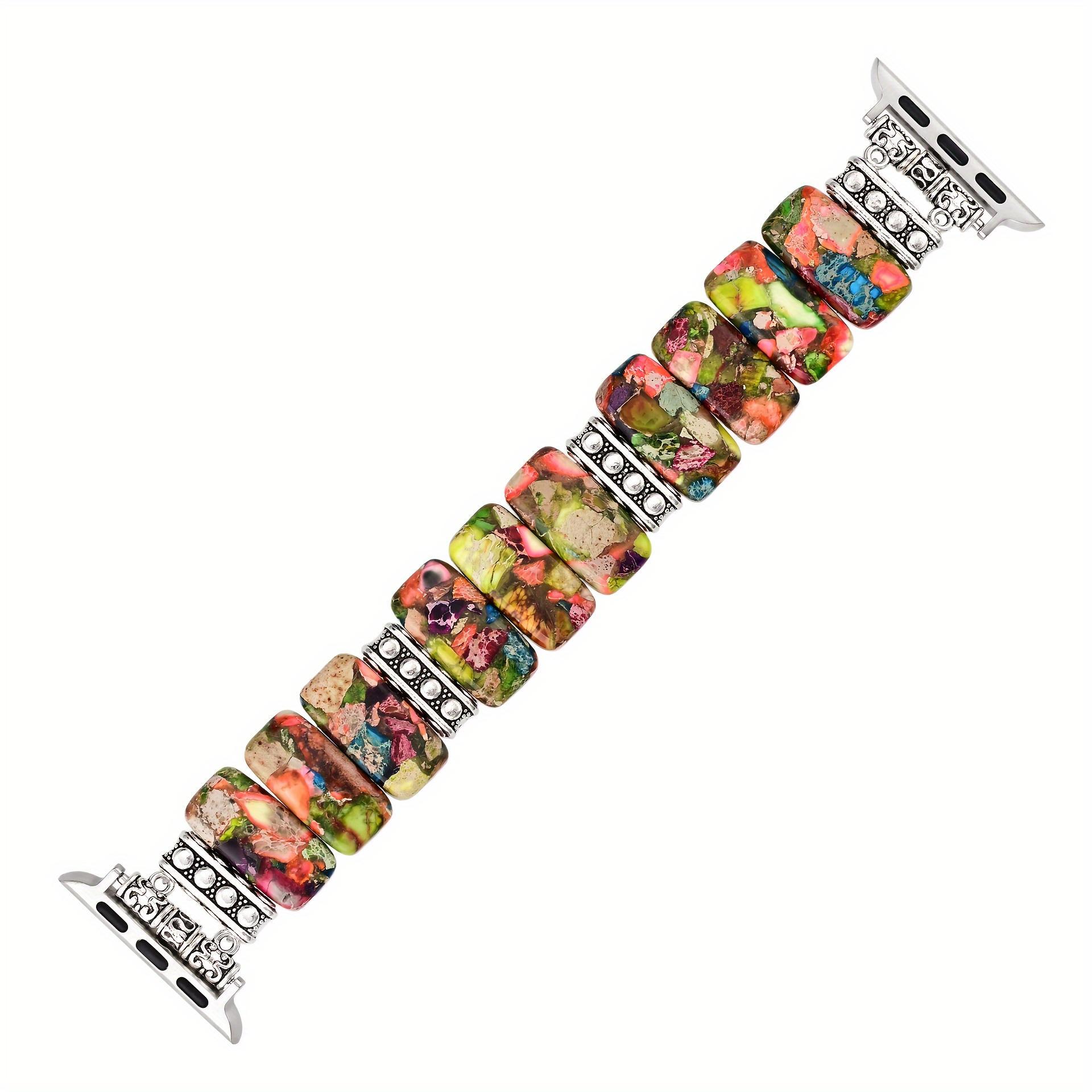 Colorful Natural Stone Beaded Apple Watch Band, Handmade Elastic Strap for iWatch Series 10/9/8/7/6/SE/Ultra 38mm-49mm, Cute Feminine Wristband for Women